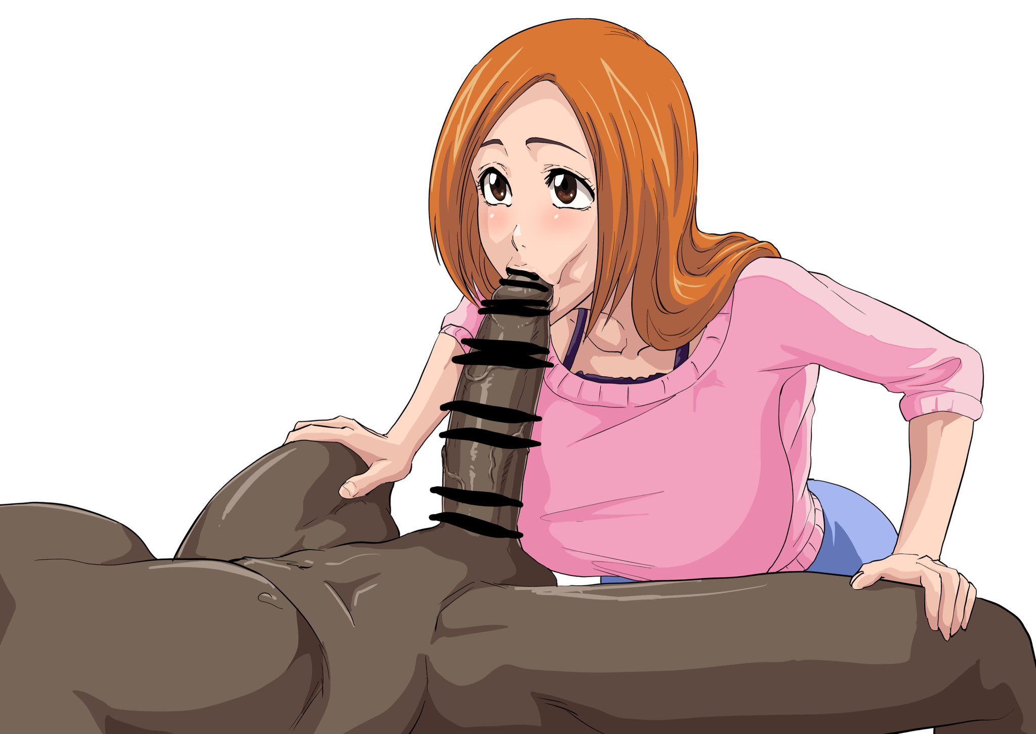 :>=, 1boy, 1girls, big breasts, bleach, blowjob, blush, breasts, censor bar, censored, cheating, cheating wife, clothed female nude male, dark skin, dark-skinned male, fellatio, female, inoue orihime, interracial, iwao178, light skin, light-skinned female, long hair, male, no artist signature, oral, orange hair, penis, sucking, sucking penis, traced, white background