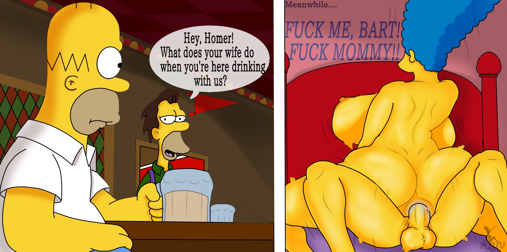 ass, bart simpson, big ass, big breasts, breasts, cheating, cowgirl position, female, homer simpson, incest, lenny leonard, male, male/female, marge simpson, milf, mluv, mother and son, the simpsons