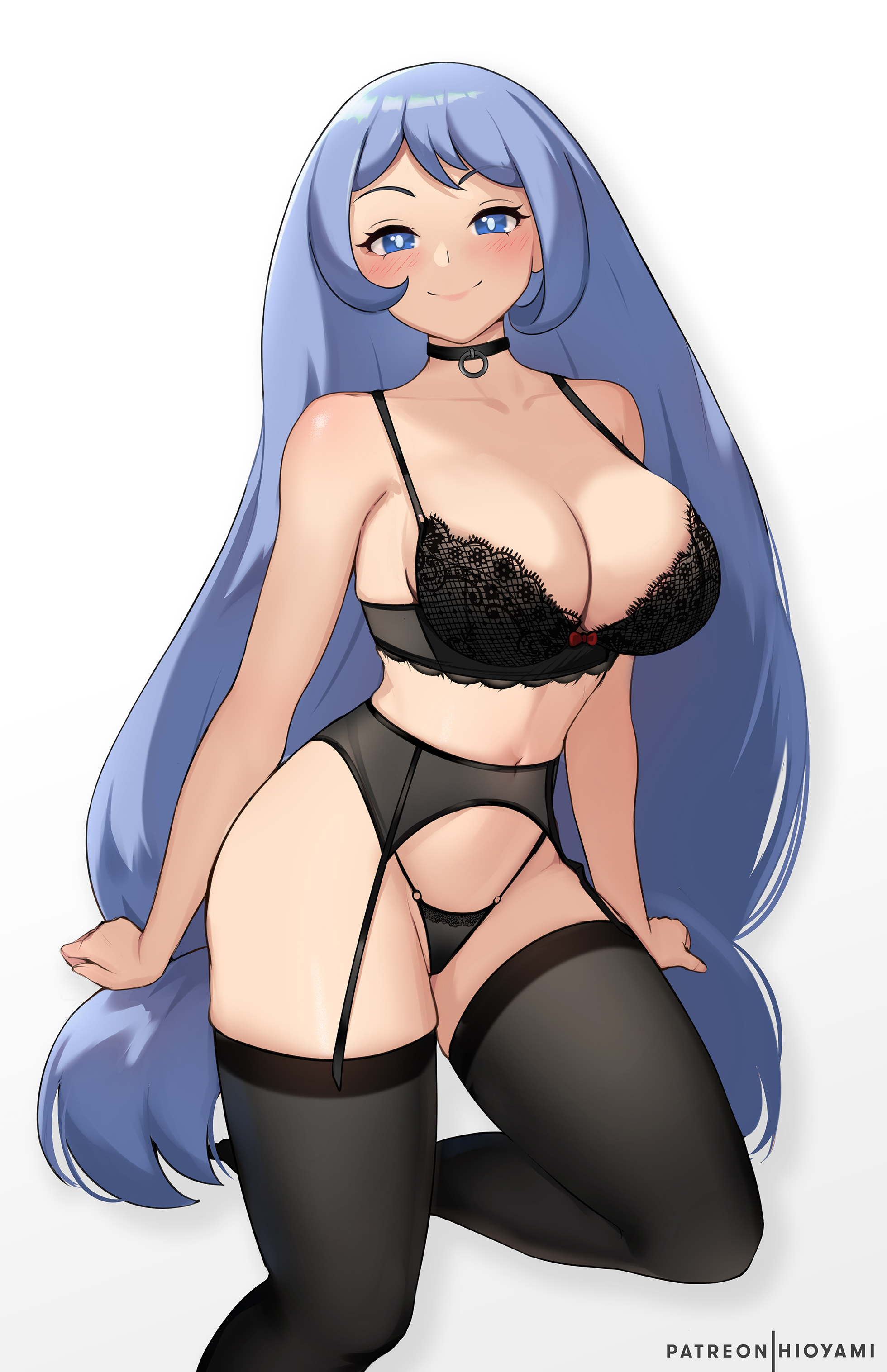 1girls, big breasts, black lingerie, black socks, blue eyes, blue hair, blue-haired female, blush, bra, breasts, eye contact, female, female only, hioyami, large breasts, legwear, lingerie, long hair, looking at viewer, my hero academia, nejire hado, panties, smile, socks, solo, standing, stockings, thigh socks, thighhighs, thighs
