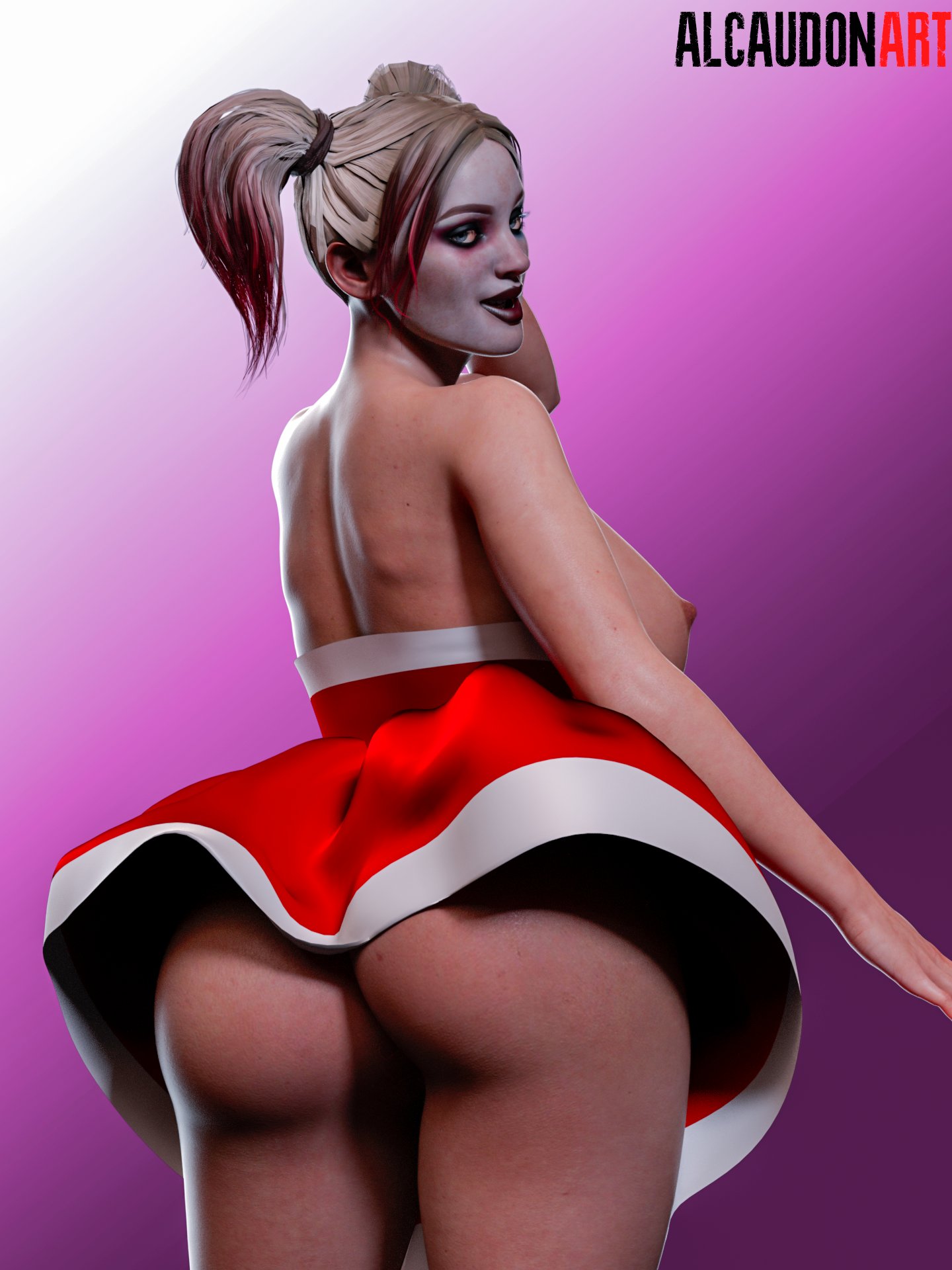 1girls, 3d, 3d (artwork), alcaudonart, ass, batman (series), big breasts, breasts, breasts out, busty, christmas, christmas outfit, dc, dc comics, dress, female, female only, harley quinn, harley quinn (injustice), injustice 2, light skin, light-skinned female, looking back, no panties, pigtails, rear view, solo
