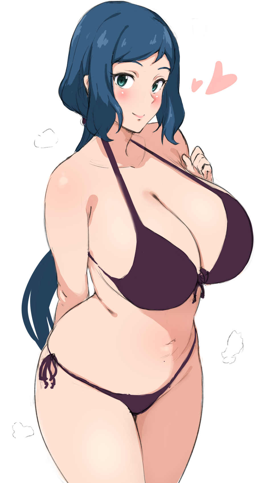 artist request, barely contained, barely contained breasts, barely fits, bikini, blue hair, blush, blushing, breasts, breasts too big, cute, female, female only, green eyes, gundam, gundam build fighters, heart, huge breasts, imminent wardrobe malfunction, iori rinko, large breasts, light skin, light-skinned female, looking at viewer, navel, pale skin, pale-skinned female, purple bikini, smile, smiling, smiling at viewer, solo, thick thighs, tight bikini, tight fit, tight swimsuit, tight swimwear, too tight, undersized clothes, undersized clothing, white background, wide hips