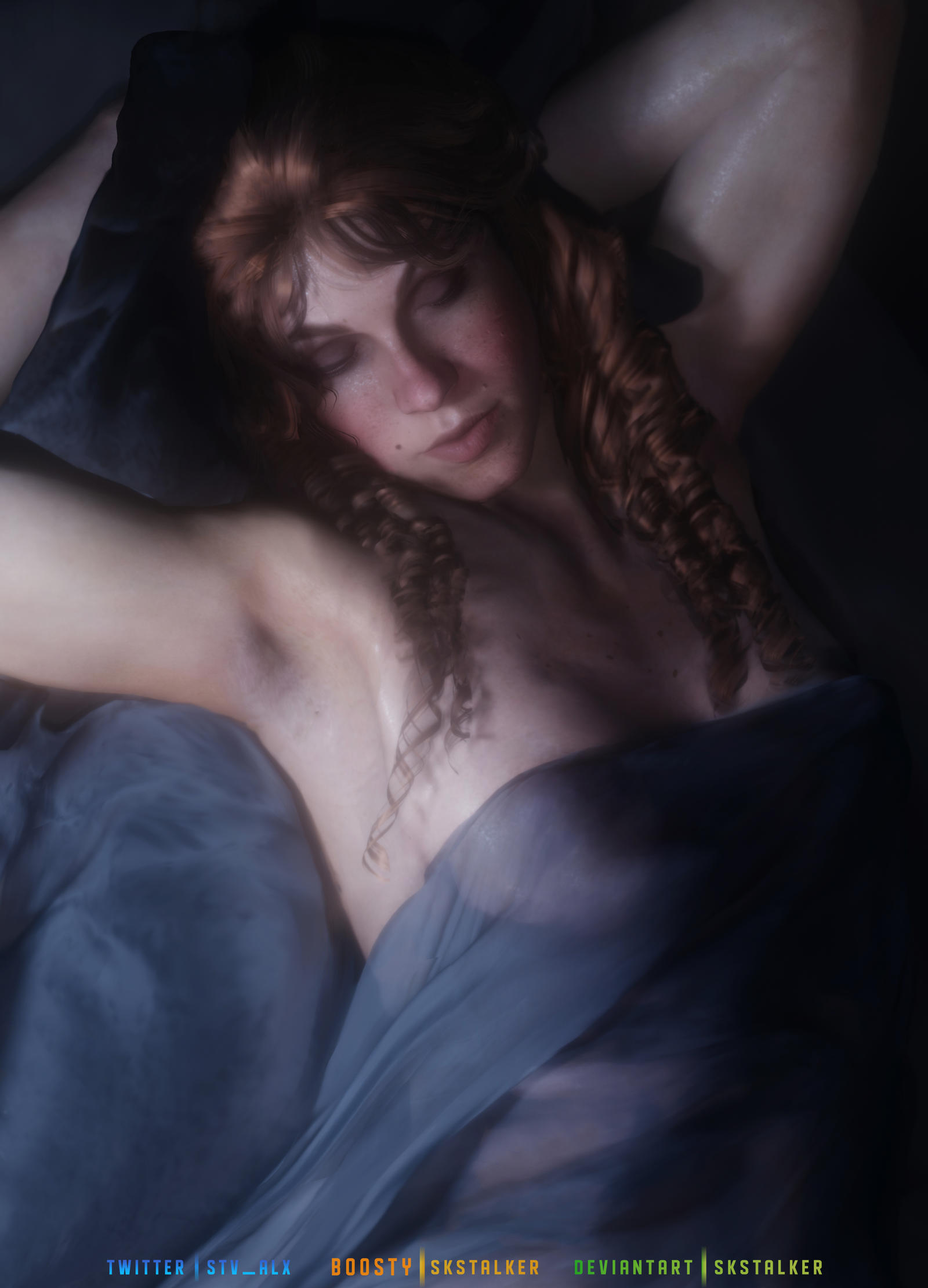 1girls, 3d, 3d (artwork), beauty mark, blanket, breasts, brown hair, covering breasts, female, female only, freckles, laying down, laying on back, laying on bed, looking at viewer, mary-beth gaskill, naked, nude, nude female, open mouth, red dead redemption (series), red dead redemption 2, rockstar games, skstalker, solo, solo female, under covers
