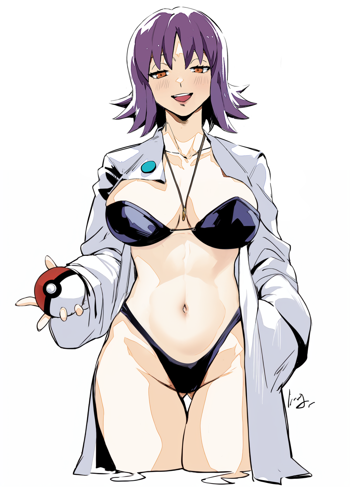 1girls, bangs, bikini, breasts, brown eyes, cleavage, club3, collarbone, female, female only, hand in pocket, highleg, highleg swimsuit, looking at viewer, navel, necklace, open mouth, philena ivy, pokemon, purple hair, revision, solo, swimsuit, thighs, thong, thong bikini, upper teeth