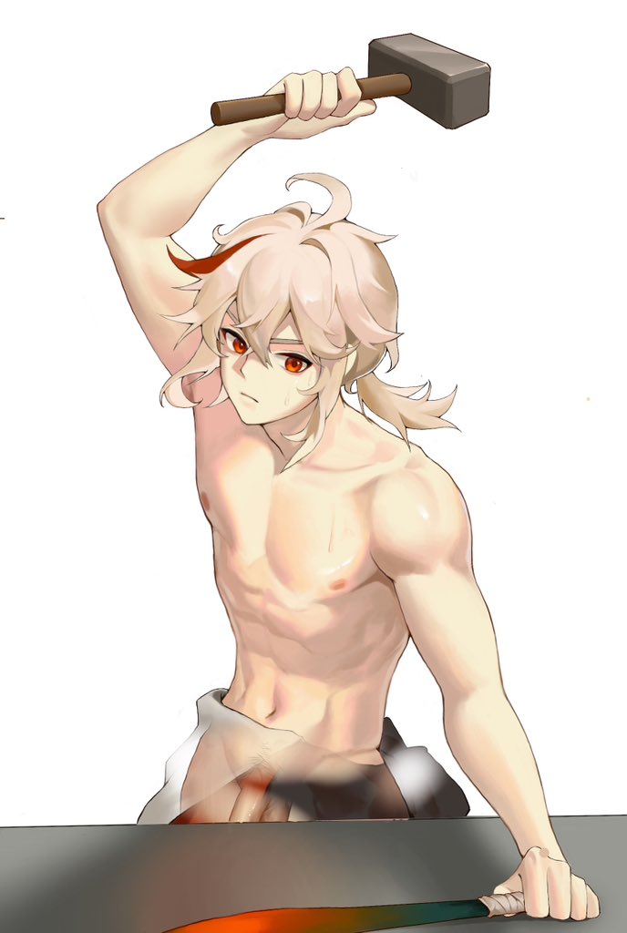 1boy genshin_impact hammer huahua123569 kaedehara_kazuha male_focus male_only multicolored_hair navel nipples pants penis ponytail pubic_hair red_eyes red_hair streaked_hair sword testicle topless_male weapon