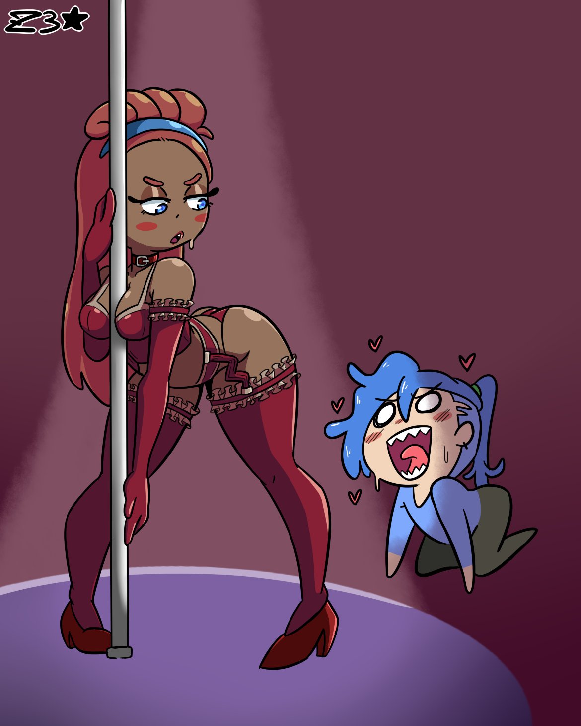 armwear dark-skinned_female fhs fhsz3r0 fnafhs fnafhs_z3ro fnafhsrule34 interracial light-skinned_male lingerie onnie_(fnafhs) prostitution striped_clothing stripper stripper_clothes stripper_pole thighhighs toddy_(fnafhs) z3star