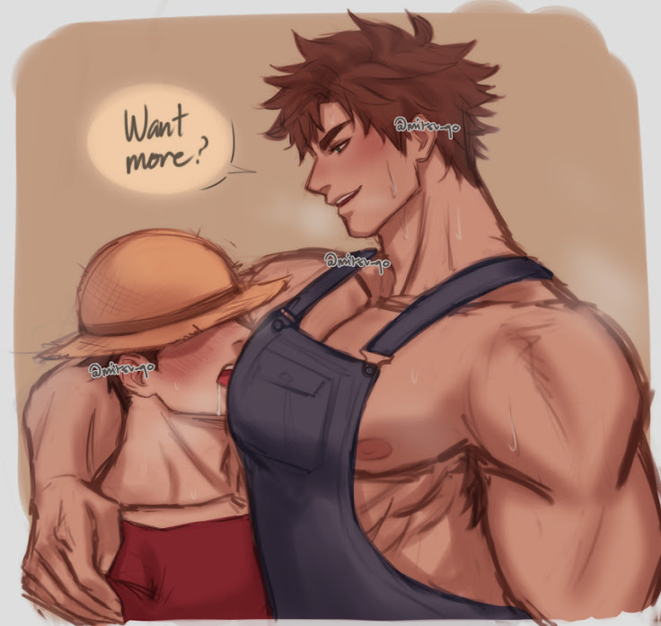 alex_(stardew_valley) arm_around_partner bara bara_tiddies bara_tits big_pecs blush blushing brown_hair crossover farmer farmer_(stardew_valley) hat_over_eyes male male/male male_nipple_licking male_nipple_sucking male_nipples male_only mitsu_qo muscular muscular_male one_piece overalls pecs stardew_valley steamy_breath straw_hat sweat sweating twitter_username