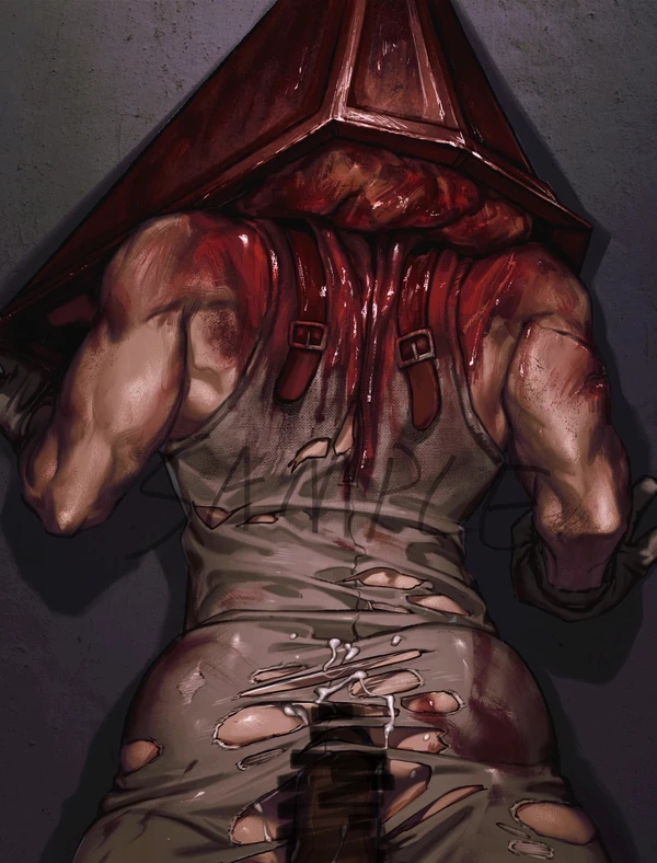 2boys, against wall, ambiguous penetration, apron, artist request, ass, bar censor, blood, blood stain, bloody clothes, bubble ass, bubble butt, censored, creepy, cum, cum on ass, cum on body, cum on clothes, from behind, from behind position, gay, handprint, helmet, hot dogging, looking at viewer, looking back, male, male only, male pov, muscular, muscular back, muscular bottom, muscular male, penis, penis on ass, pov, pyramid head, rear view, ripped clothing, round ass, silent hill, silent hill 2, sleeveless, solo focus, spank marks, stained clothes, torn clothes, watermark