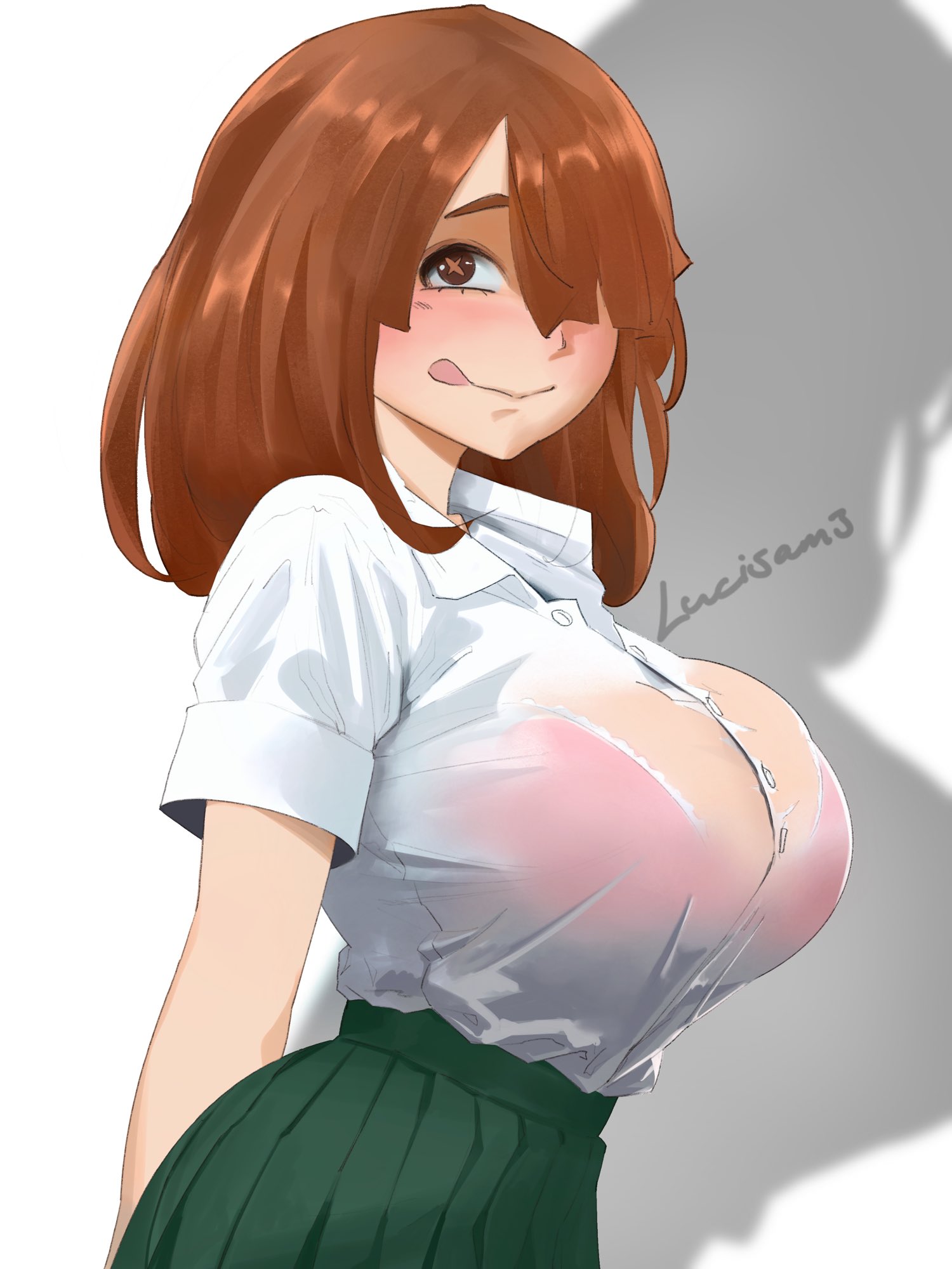 1girls, 2023, bell haircut, big breasts, breasts, brown hair, brunette, class 1b, curvy female, curvy figure, female, female focus, female only, hi res, komori kinoko, looking at viewer, lucisam, my hero academia, school uniform, schoolgirl, seductive look, short hair, sideboob, tongue, tongue out, voluptuous female