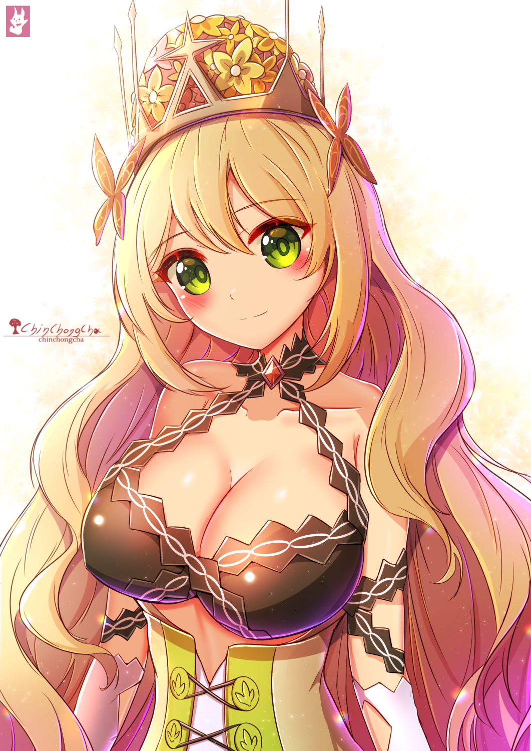 1girls alternate_breast_size artist_logo artist_name bare_shoulders blonde_hair blush breasts butterfly_hair_ornament celine_(fire_emblem) chinchongcha cleavage collarbone criss-cross_halter crown dress female female female_only fire_emblem fire_emblem_engage green_eyes hair_ornament halterneck highres large_breasts long_hair looking_at_viewer nintendo overskirt princess simple_background sleeveless sleeveless_dress solo upper_body very_long_hair web_address white_background