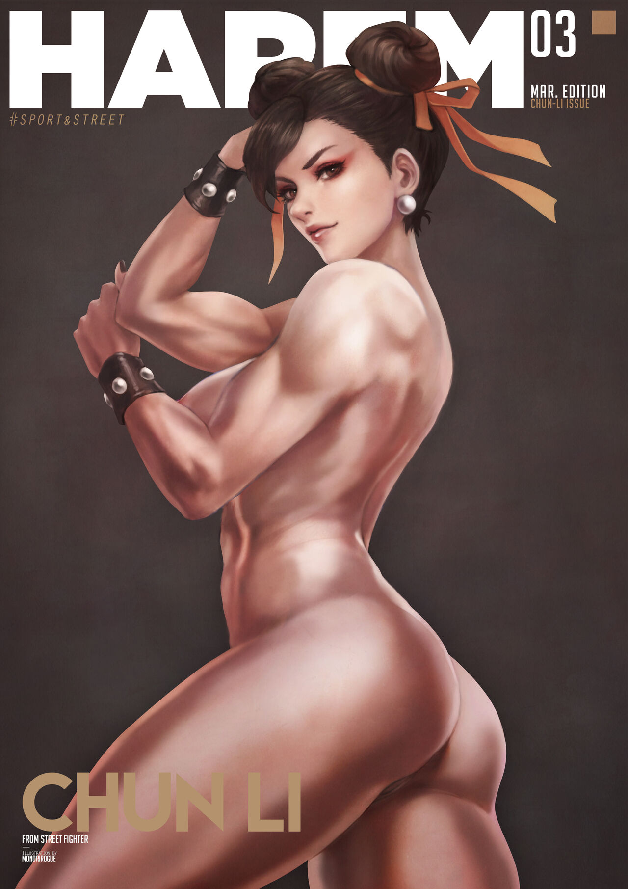 1girls, asian, asian female, athletic, athletic female, biceps, big breasts, bracers, breasts, capcom, casual, chun-li, completely nude, cowboy shot, earrings, eyeshadow, female, female only, fit, fit female, human, magazine cover, monorirogue, muscular, muscular female, naked, nipples, nude, pale skin, pussy, pussy peek, solo, street fighter, text, toned, toned female, twin buns