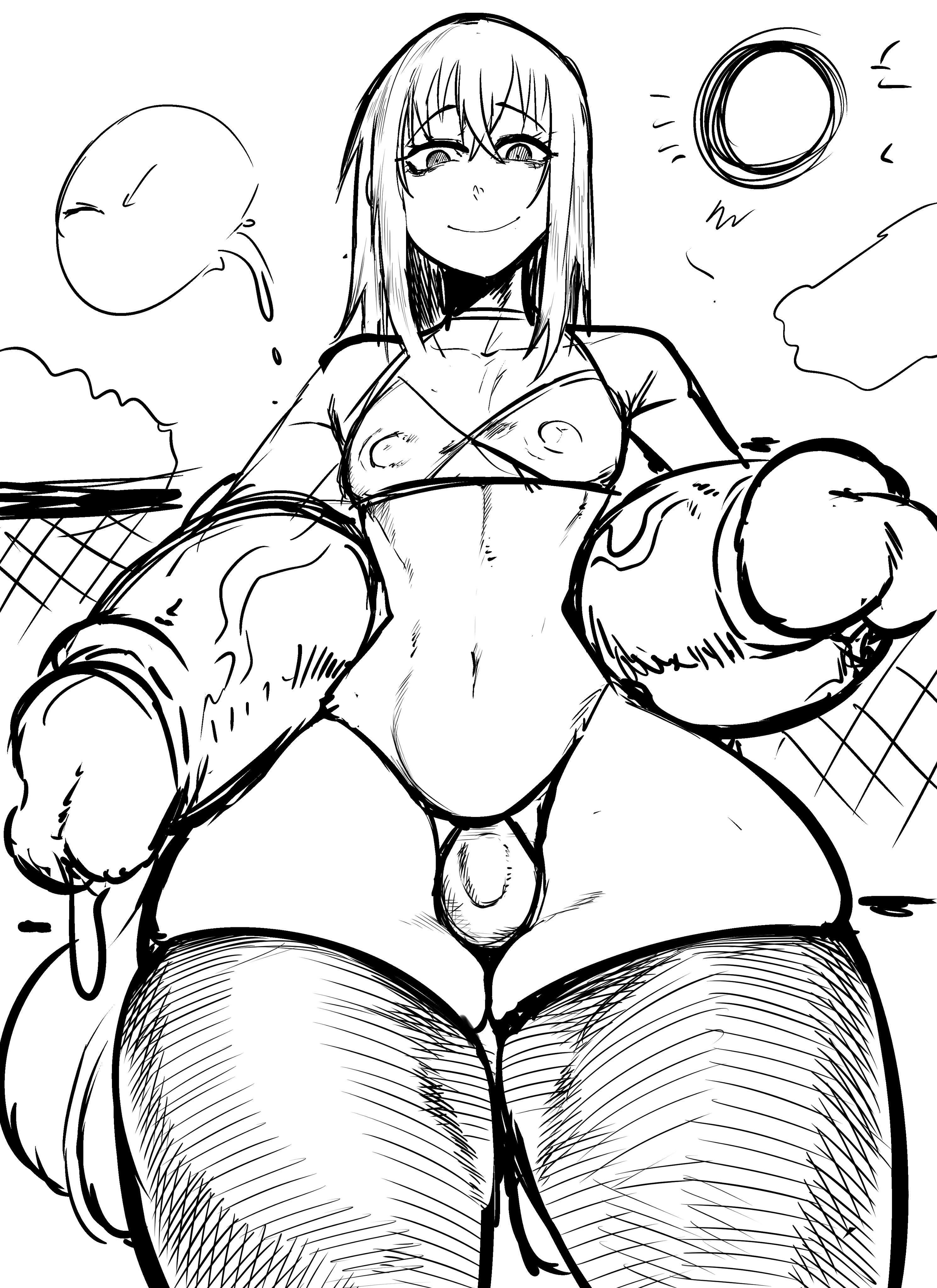 absurd res, all hail lord rimuru, balls, beach, big balls, big penis, black and white, bottom heavy, bra, bulge, clothed, clothing, disembodied penis, femboy, feminine male, green (artist), higher resolution duplicate, huge cock, huge hips, huge thighs, human, long hair, male, male only, monochrome, mostly nude, nipple bulge, nipples, penis, penis size difference, rimuru tempest, slime, small penis, solo focus, standing, stomach, tensei shitara slime datta ken, testicles, thick thighs, thighhighs, thighs, wide hips