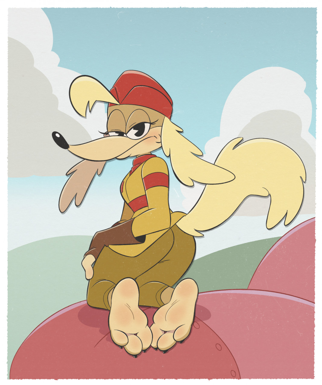anthro, ass, canid, canine, canine humanoid, canis, clothed, clothing, cuphead (game), feet, female, foot fetish, foot focus, fur, furry, furry only, hi res, hotbrotkuroi, looking at viewer, looking back, pilot saluki (cuphead), sergeant o'fera, solo, tail, tight clothing, uniform