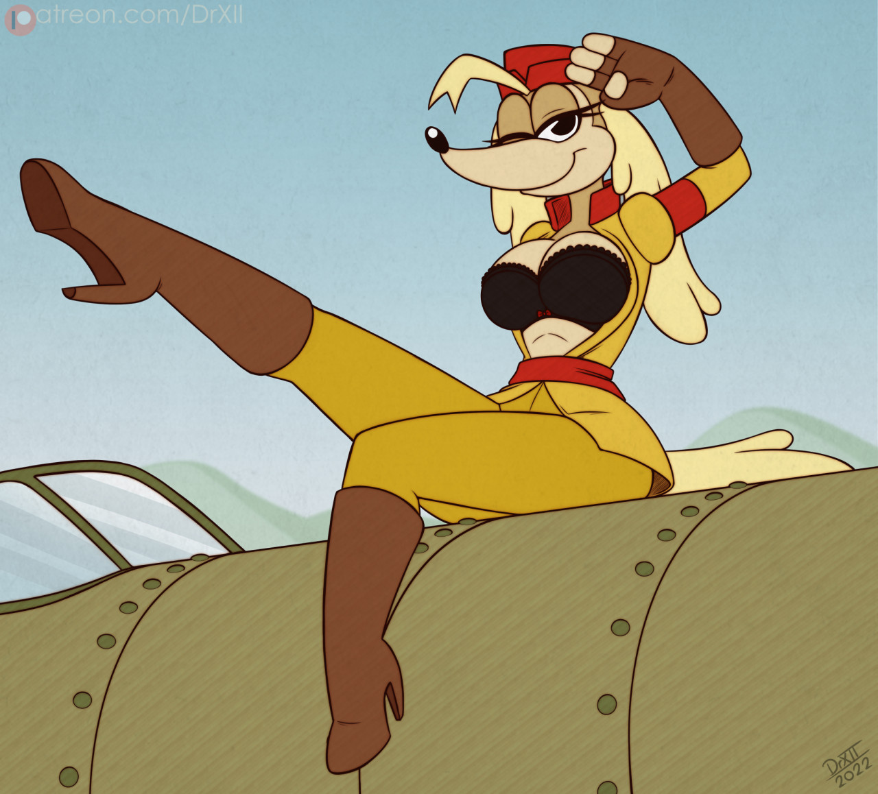 anthro, bra, breasts, canid, canine, canine humanoid, canis, clothing, cuphead (game), drxii, female, furry, pilot saluki (cuphead), salute, sergeant o'fera, uniform