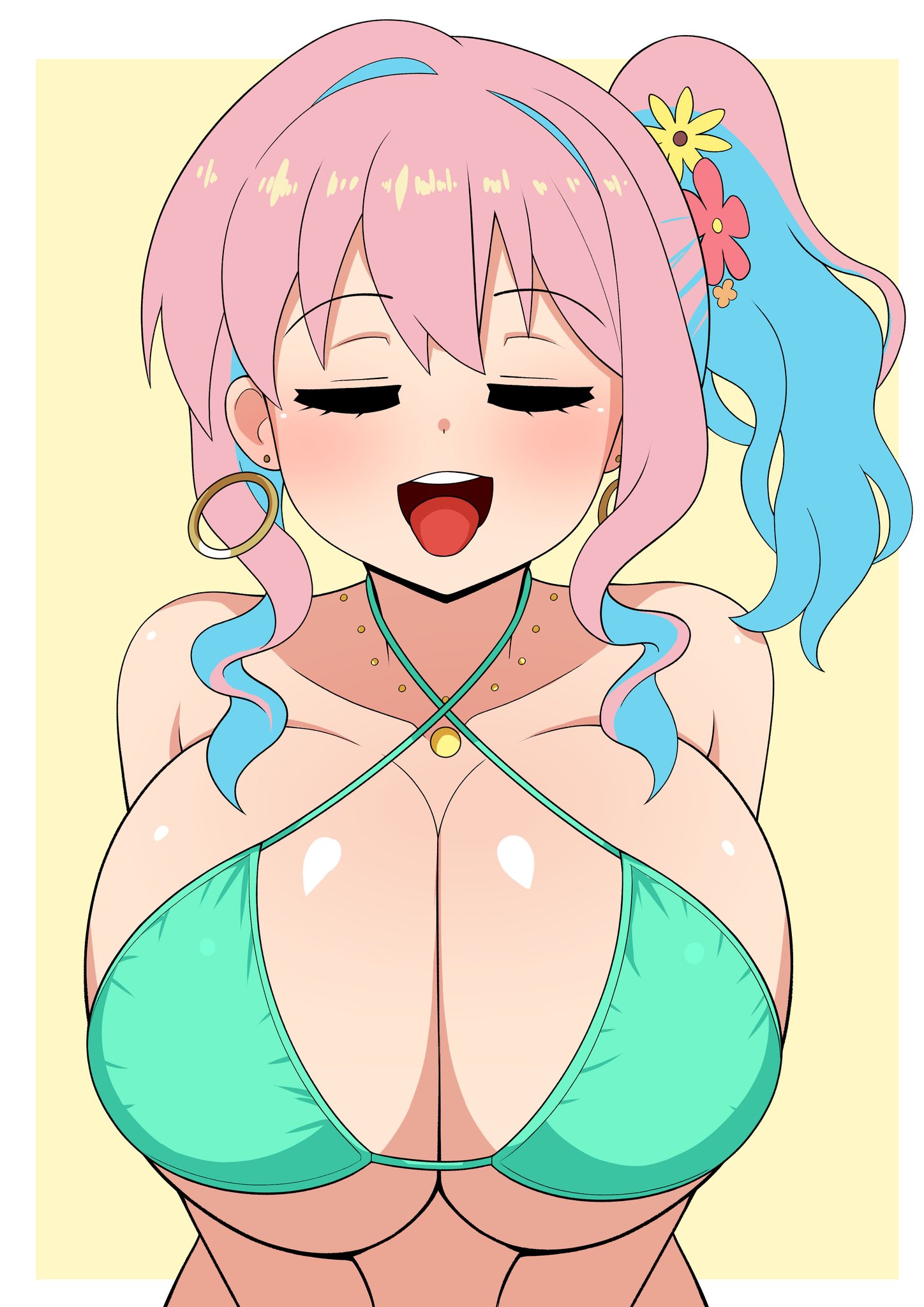1girls, blue hair, breasts, closed eyes, earrings, female, female only, flowers in hair, hozuki kaede, huge breasts, light skin, light-skinned female, onii-chan wa oshimai!, pink eyes, pink hair, swimsuit, the only shoe, tongue, tongue out, two-tone hair