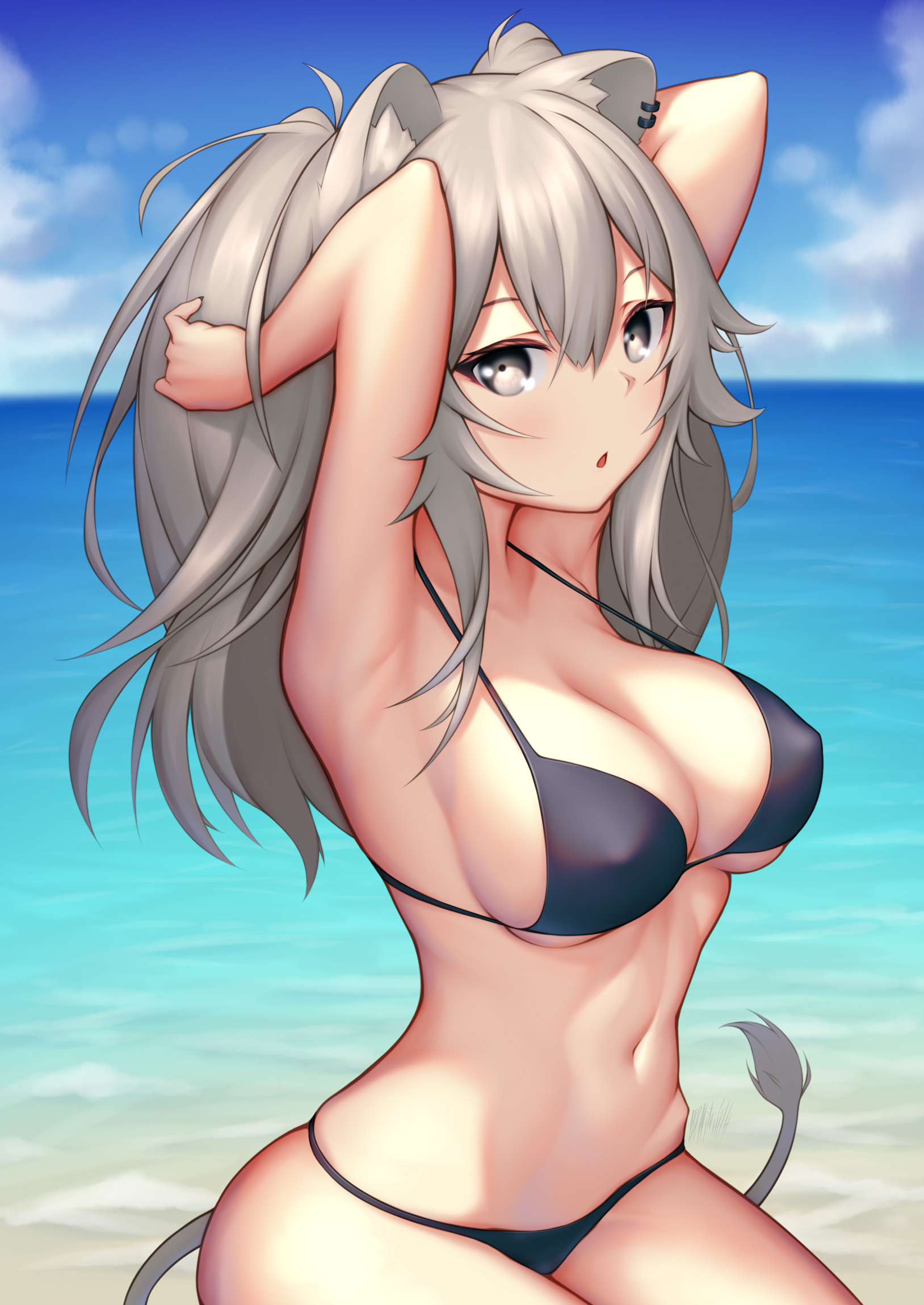 1girls, animal ears, animal tail, armpits, arms behind head, arms up, bare midriff, beach, belly button, big breasts, bikini, black bikini, breasts, cleavage, ear piercing, exposed torso, female, grey eyes, grey hair, hi res, highres, hololive, hololive gen 5, hololive japan, large breasts, lion ears, lion girl, lion tail, midriff, navel, nitrus14, sea, shishiro botan, solo, solo female, solo focus, swimwear, virtual youtuber, water