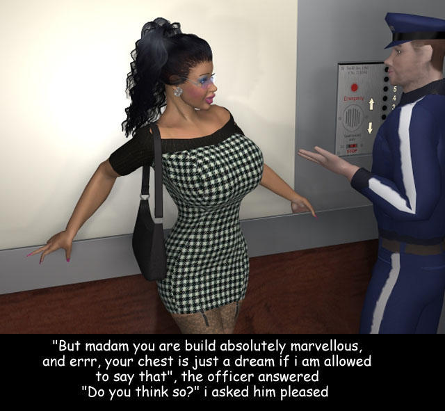 3d 3rd-art big_breasts bimbo bimbofication brown_hair comic dr_bubenstein elevator english_text glasses kelly_(3rd-art) tight_clothing tight_dress zipper zipper_down