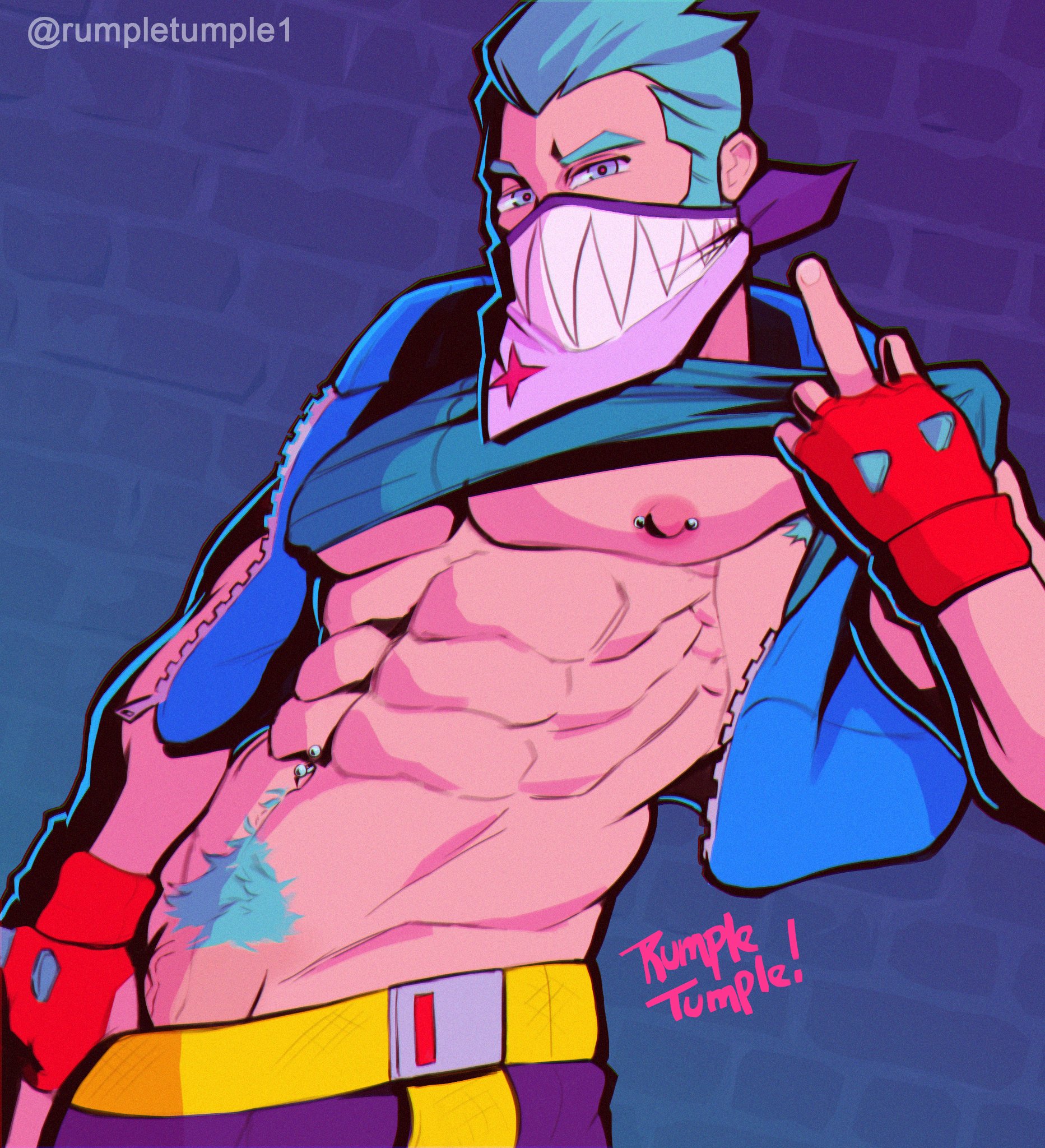 1boy, barely visible genitalia, barely visible penis, blue hair, brawl stars, colt (brawl stars), gay, gay male, human, male, male only, middle finger, muscles, muscular, muscular male, navel, navel piercing, nipples, penis, pink nipples, pubic hair, rumpletumple1, solo, solo male, yaoi