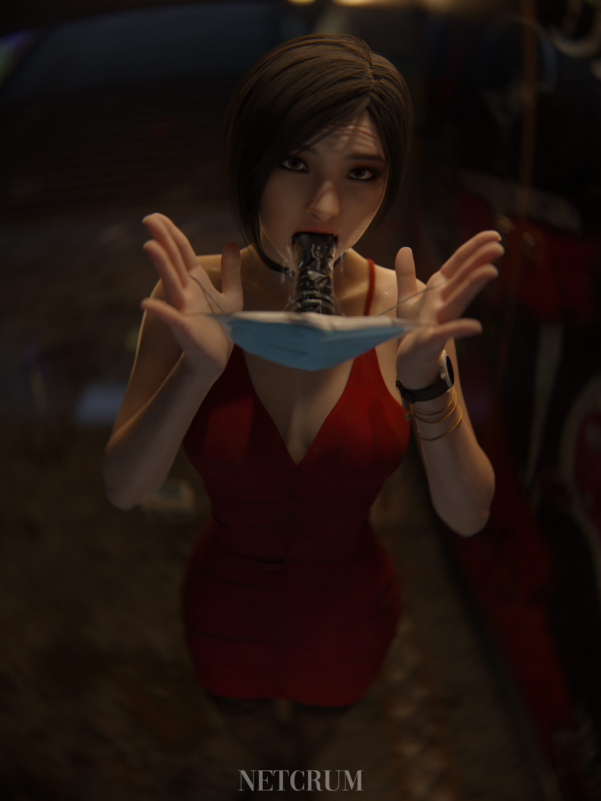 1girls, 3d, ada wong, ada wong (adriana), asian, asymmetrical hair, biohazard, black hair, bob cut, brown eyes, capcom, chinese, chinese female, choker, deepthroat, deepthroat mark, dildo, dildo in mouth, dildo mask, dildo reveal, eye contact, eyeliner, eyeshadow, face mask, female, female only, green eyes, light skin, light-skinned female, looking at viewer, medium hair, netcrum, oral, pale skin, pale-skinned female, petite, pov, pulling out, red dress, resident evil, resident evil 2, resident evil 2 remake, saliva, saliva drip, saliva string, saliva trail, seductive eyes, seductive look, seductive mouth, sex toy, short hair, skinny, slim, sloppy, sloppy blowjob, sloppy deepthroat, solo, throat training