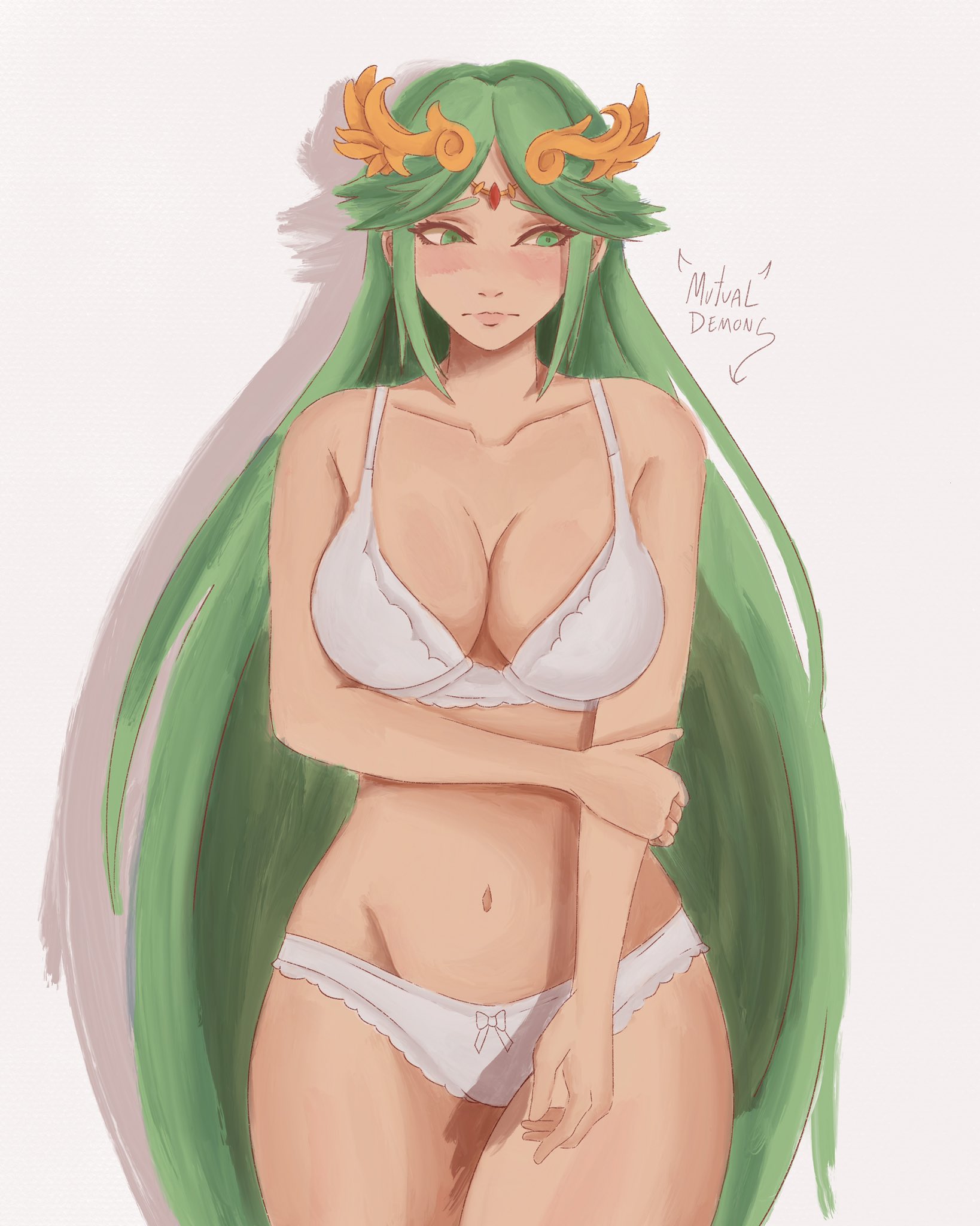 1girls, big boobs, big breasts, big tits, bra, breasts, cleavage, crossed legs, embarrassed, euf, female, female only, green eyes, green hair, hourglass figure, kid icarus, laurel crown, long hair, looking away, mutualdemons, nintendo, palutena, panties, solo, solo female, solo focus, thick thighs, white bra, white panties, white skin