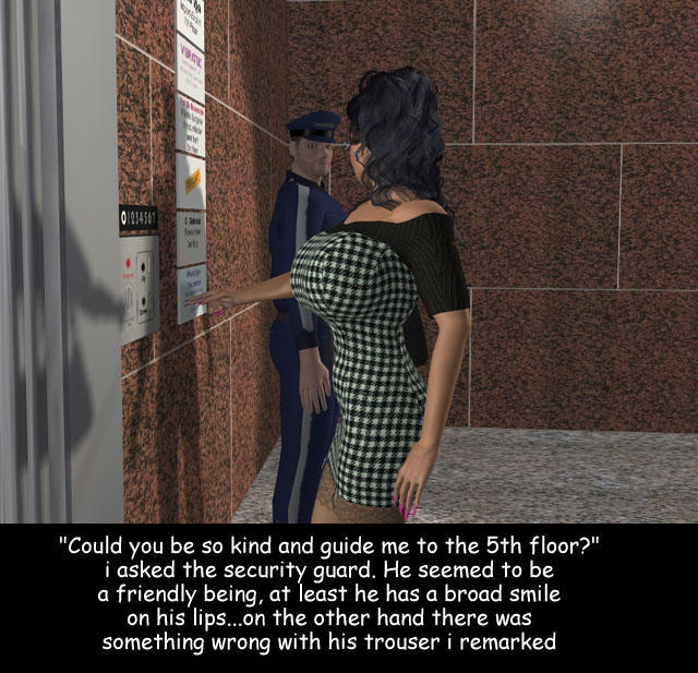 3d 3rd-art big_breasts bimbo bimbofication brown_hair comic dr_bubenstein elevator english_text glasses kelly_(3rd-art) tight_clothing tight_dress zipper zipper_down