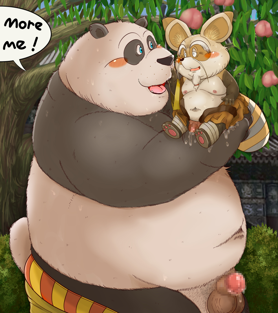 2023 2boys anthro balls bear belly big_belly black_body black_nose blush bodily_fluids carrying censored cum detailed_background dreamworks duo fat fat_belly fat_man genital_fluids genitals giant_panda kemono kung_fu_panda larger_male male male/male male_only mammal master_po_ping master_shifu multiple_boys navel norataro obese obese_male outside overweight overweight_male penis size_difference smaller_male text white_body