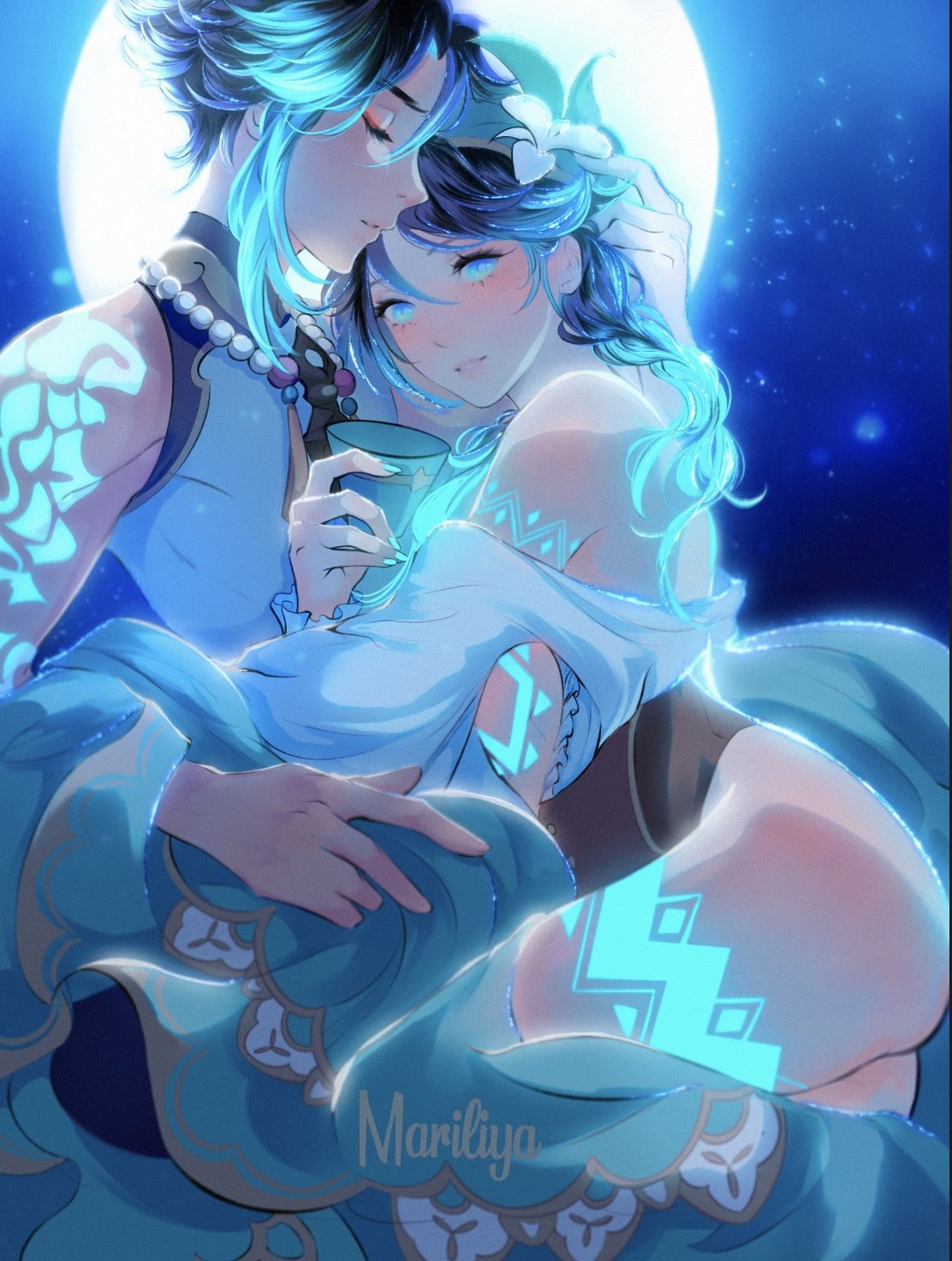 2boys, femboy, gay, genshin impact, male, male only, mariliya, moonlight, venti (genshin impact), xiao (genshin impact), yaoi