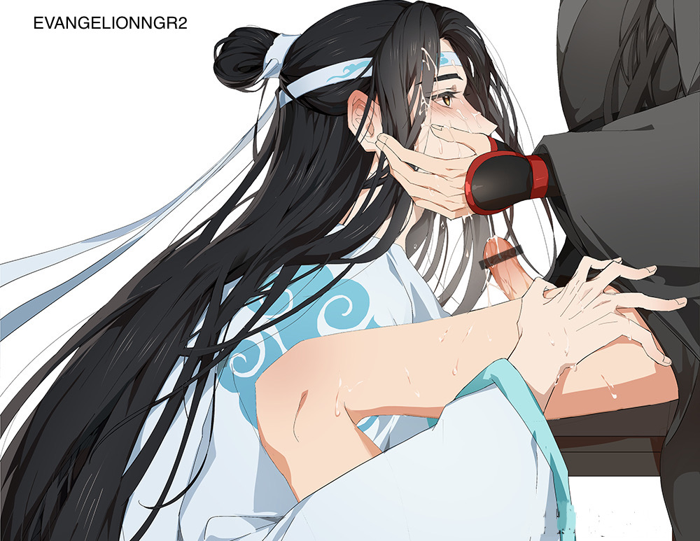 bishonen black_hanfu blowjob canon_couple cum cum_on_face cum_on_penis erection gay gay_sex hands_on_face hanfu headband lan_wangji long_hair_male love male_only mo_dao_zu_shi nyamuse penis stolen_art sweat tender white_hanfu yaoi