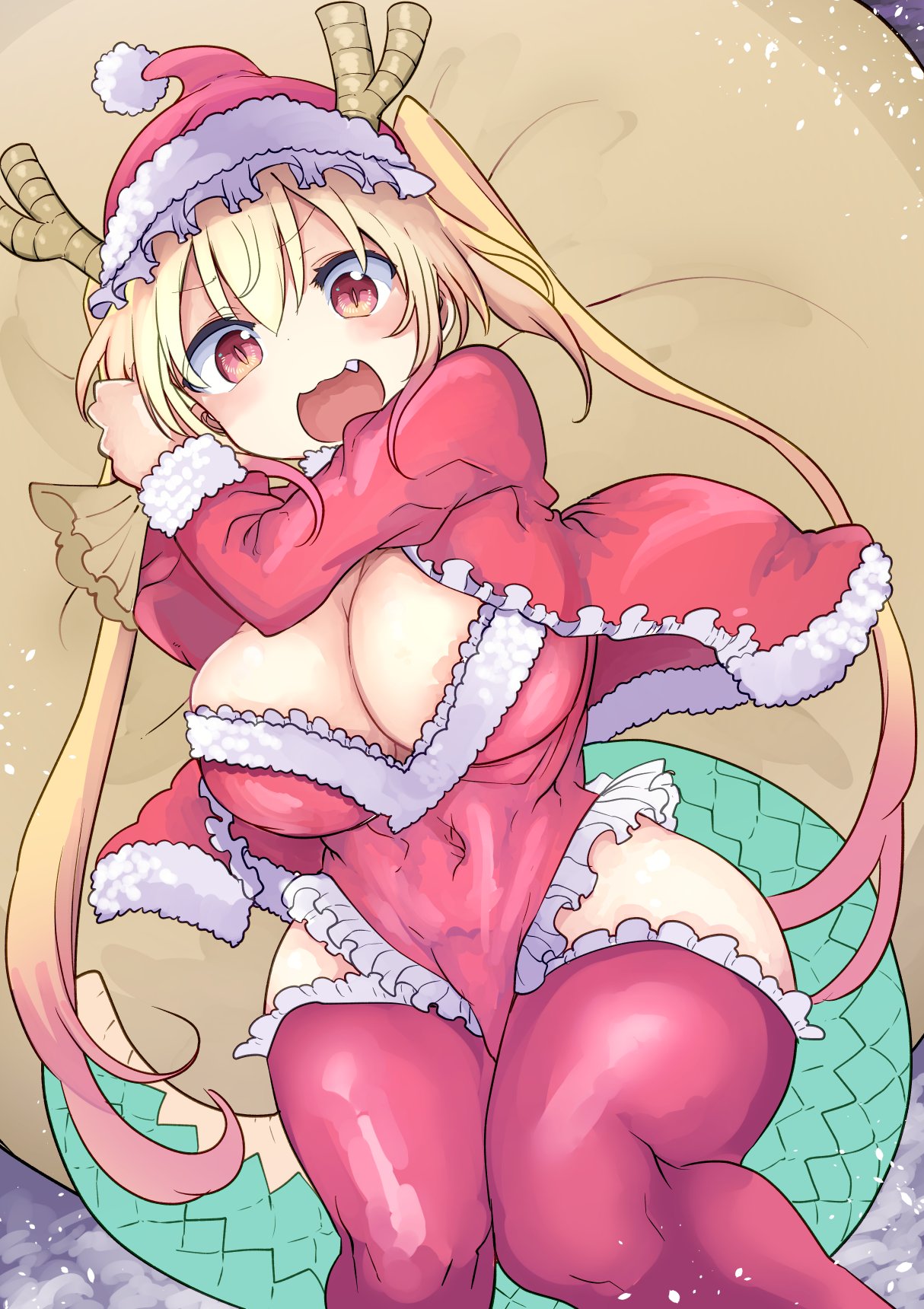 big_breasts cape cool-kyou_shinja dragon_girl horns looking_at_viewer looking_down miss_kobayashi's_dragon_maid navel orange_eyes orange_hair santa_costume santa_hat smiling smiling_at_viewer tail thighhighs thighs tohru_(dragon_maid)