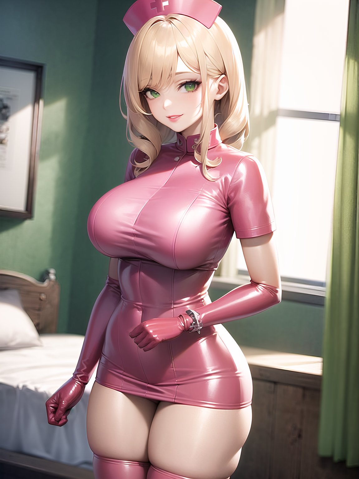 2023, ai generated, blonde hair, female, female focus, female only, gloves, high resolution, latex, latex suit, looking at viewer, nurse, nurse cap, nurse uniform, seductive look, shiny clothes, short hair, skin tight, skindentation, stable diffusion, tight clothing