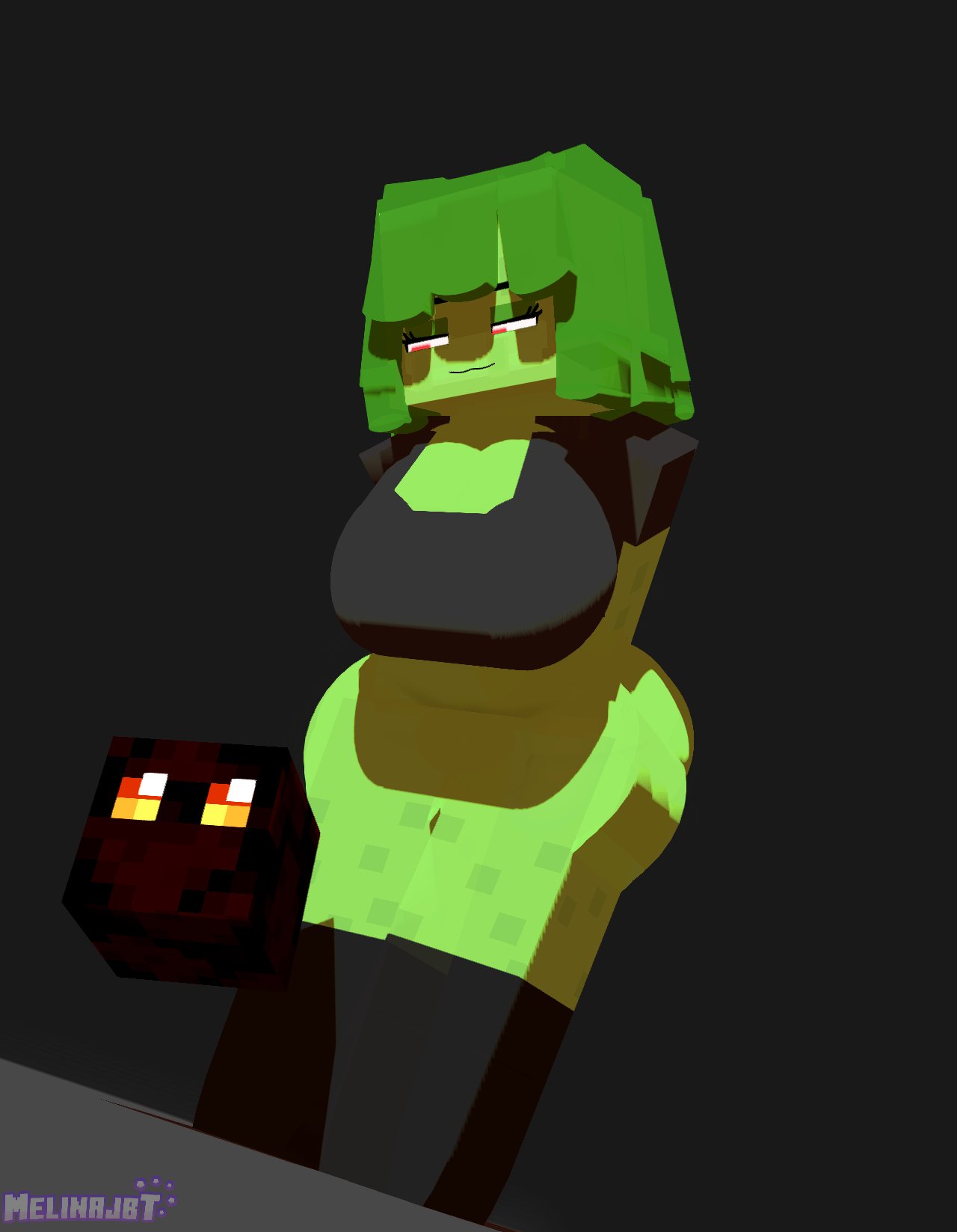 1girls 3d clothing female green_body green_hair magma_cube melinajbt mine-imator minecraft no_panties omi_(melinajbt) pussy slime slime_(minecraft) slime_girl thick_thighs thighhighs