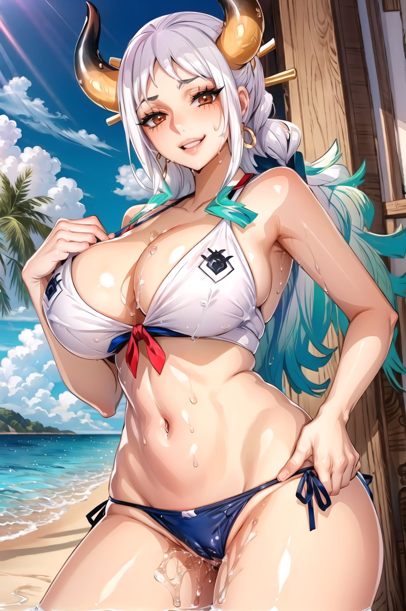 1girls, 2023, ai generated, big breasts, bikini, blue hair, breasts, brown eyes, clothed, clothing, curvaceous, curvy, curvy body, curvy female, curvy figure, demon, ear piercing, earrings, female, female focus, female only, gradient hair, hi res, highres, hoop earrings, horned female, horned humanoid, horns, huge breasts, humanoid, light skin, light-skinned female, long hair, multicolored hair, one piece, oni, oni horns, revealing clothes, seductive look, simple background, solo, solo female, stable diffusion, toei animation, two-tone hair, voluptuous, voluptuous female, white hair, wide hips, yamato (one piece), yokai