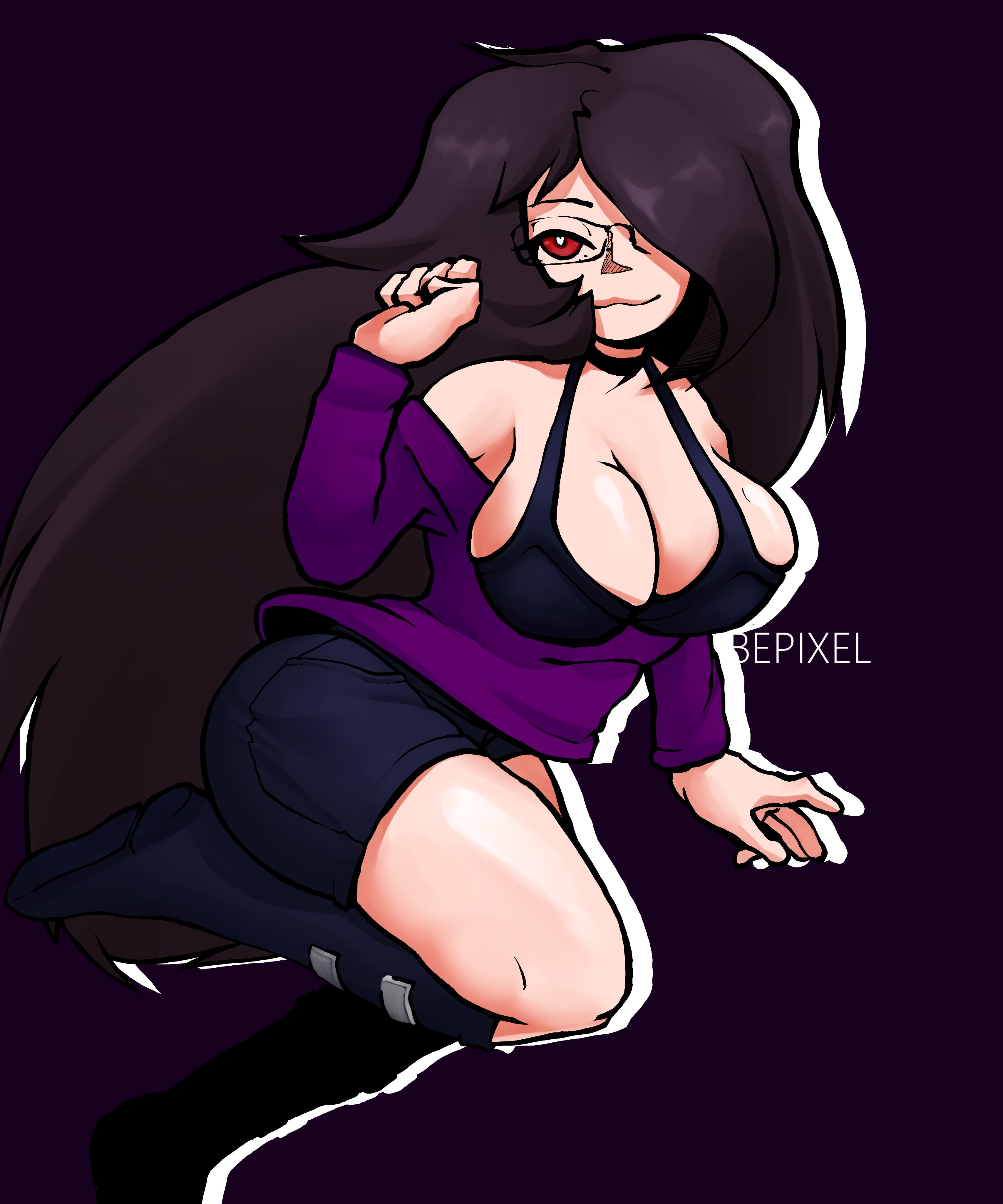 ass, big breasts, boots, bra, breasts, female, friday night funkin, glasses, heart, heart-shaped pupils, long hair, looking at viewer, purple shirt, thighs, vade (themaskedchris)