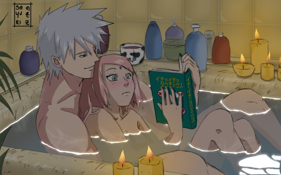 1boy, 1girls, age difference, bath, bathing, bathroom, bathtub, black eyes, blush, book, breasts, candle, candles, facial mark, female, forehead mark, green eyes, green nail polish, green nails, grey hair, hatake kakashi, human, legs, male, naked, naruto, naruto (series), naruto shippuden, naruto: the last, nude, older male, pink hair, reading, reading book, romantic, sakura haruno, sayuri (artist), silver hair, small breasts, smile, straight, teacher and student, younger female