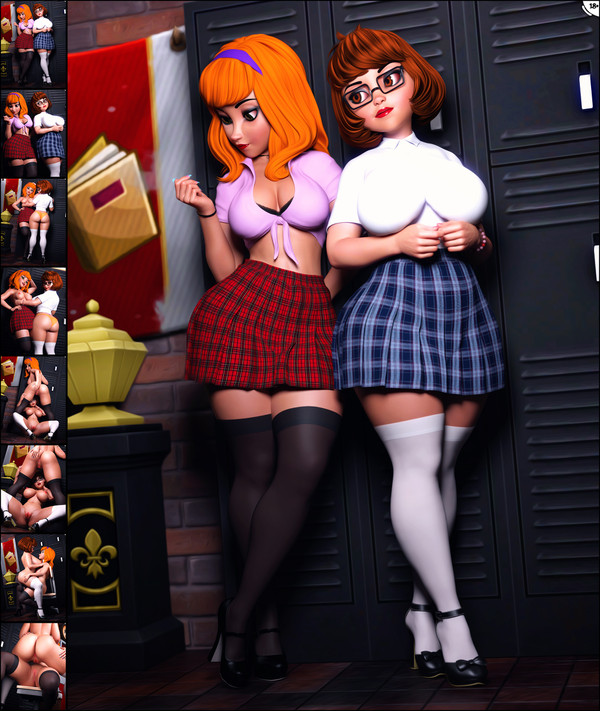 2girls, 3d, athletic, athletic female, big breasts, bottom heavy, breasts, busty, cleavage, curvaceous, curvy, curvy figure, daphne blake, digital media (artwork), eyebrows, eyelashes, eyes, female, female focus, female only, fit, fit female, hair, hanna-barbera, high heels, hips, hourglass figure, huge breasts, human, legs, light skin, light-skinned female, lips, nerdy female, plaid skirt, scooby-doo, short hair, skirt, slim, slim waist, text, thick, thick legs, thick thighs, thighhighs, thighs, top heavy, upper body, urqqurqq, velma dinkley, voluptuous, waist, wide hips, yuri