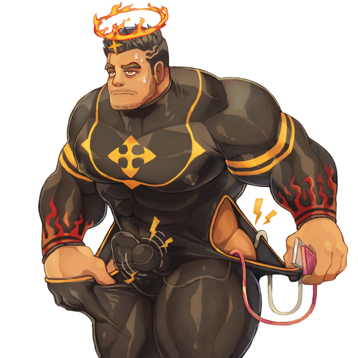 balls bara big_pecs black_hair blackmonster bodysuit boner erection erection_under_clothes facial_hair fully_clothed halo male male_only muscles muscular penis solo solo_male tokyo_afterschool_summoners vibrator vibrator_on_penis vibrator_under_clothes yellow_eyes zabaniyya_(tokyo_afterschool_summoners)