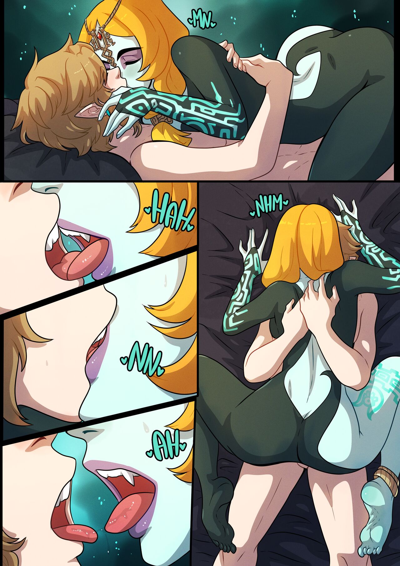 1boy, 1girls, age difference, ara ara, aroused, comic, cowgirl position, doujinshi, elf, elf ears, female, female on top, fit, fit female, full lips, hug, imminent sex, interspecies, kinkymation, kissing, link, link (twilight princess), long hair, looking pleasured, male, mastery position, mature female, midna, older female, older female and younger male, on bed, plump ass, romantic, romantic couple, slim waist, spread legs, straddling, the legend of zelda, twili, twili midna, twilight princess, umbral bliss (comic), wide hips, younger male