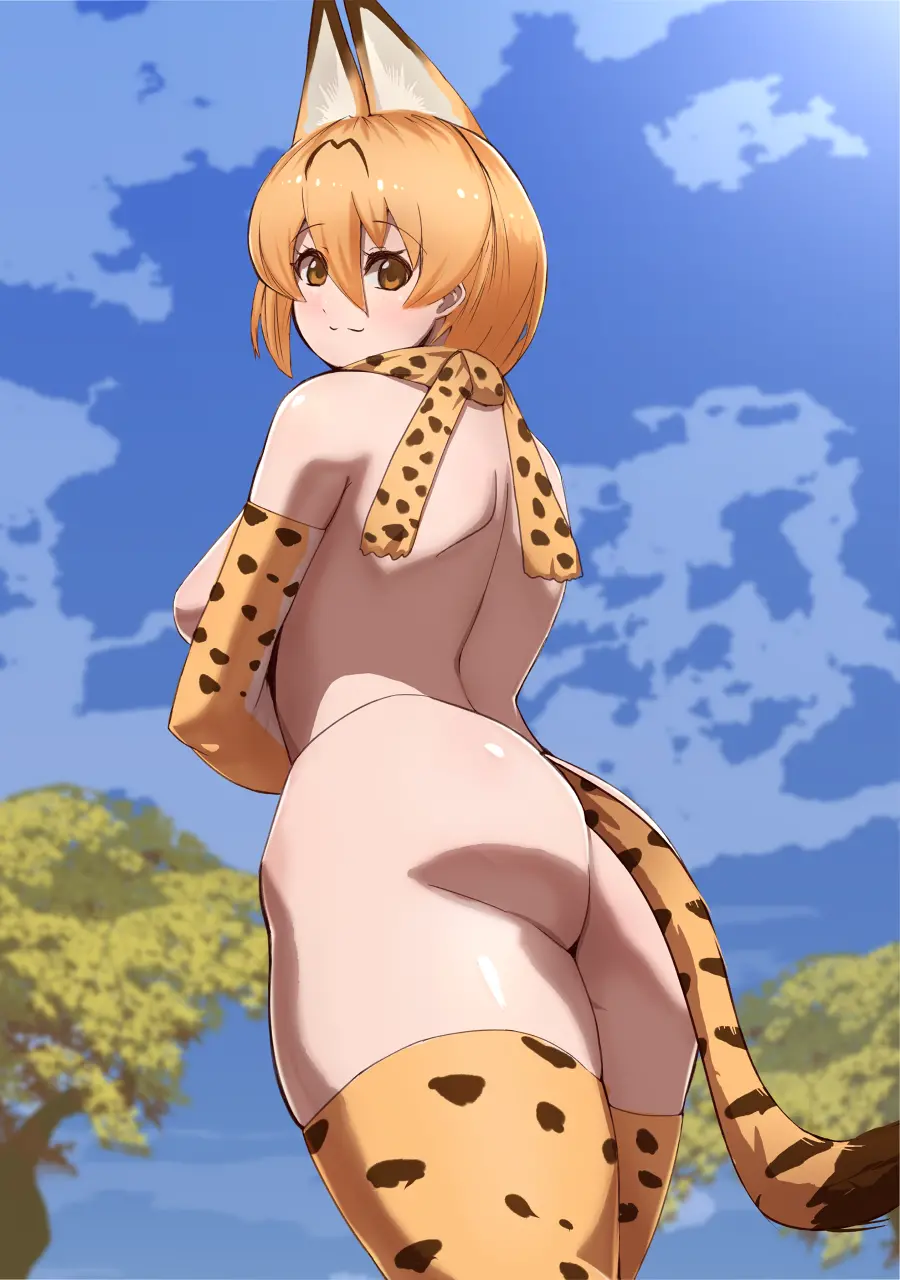 agovitch ass blush female hi_res kemono_friends legwear leotard looking_back nude serval_(kemono_friends) veld