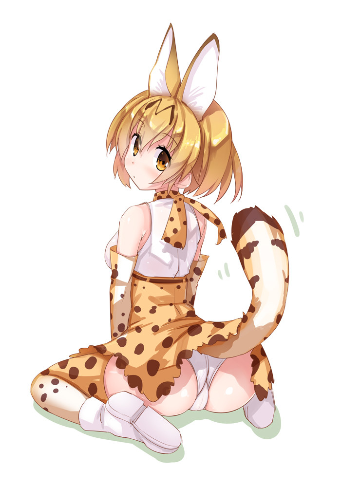 10s animal_ears blonde_hair boots commentary_request elbow_gloves female gloves high-waist_skirt kemono_friends looking_at_viewer looking_back motion_lines panties pantyshot serval_(kemono_friends) serval_print serval_tail shadow shirt short_hair simple_background sitting skirt sleeveless sleeveless_shirt solo striped_tail tail underwear wariza white_background white_footwear white_panties yanagi_yuu yellow_eyes