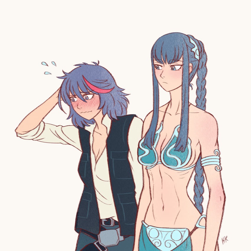 2girls bare_arms bare_back bare_legs bare_midriff bare_shoulders bare_thighs belly_button bikini bikini_bottom bikini_top black_hair blue_bikini blue_bikini_bottom blue_bikini_top blue_bracelet blue_eyes blue_loincloth bracelet han_solo_(cosplay) kill_la_kill kiryuuin_satsuki loincloth long_ponytail matoi_ryuuko metal_bikini midriff navel ponytail red_highlights short_hair slave slave_bikini slave_collar slave_leia slave_leia_(cosplay) slave_outfit slavegirl