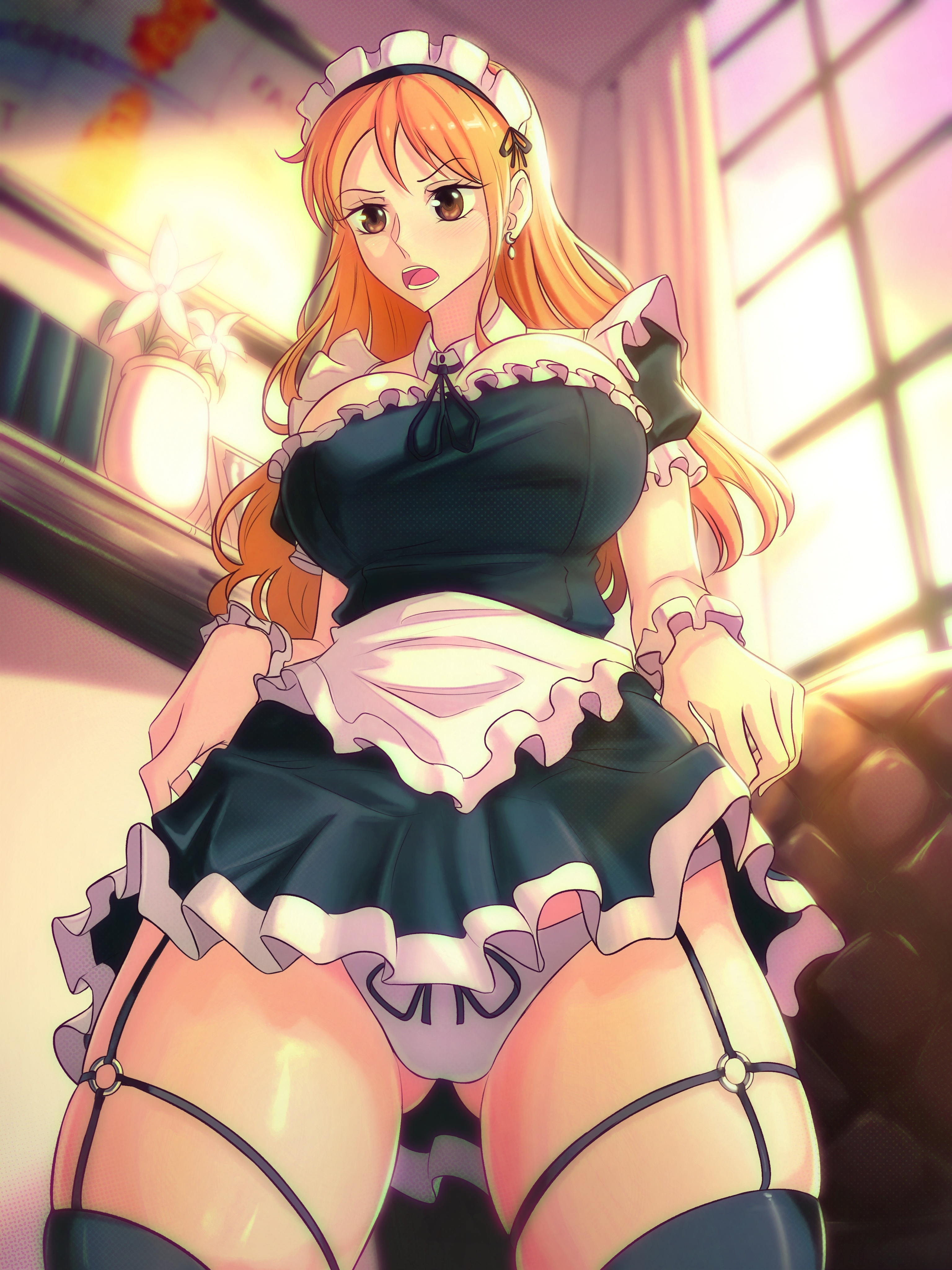 1girls, apron, breasts, earrings, female, female only, large breasts, long hair, maid, maid apron, maid uniform, nami (one piece), one piece, opalisart, open mouth, orange hair, orange-haired female, pantyshot, post-timeskip