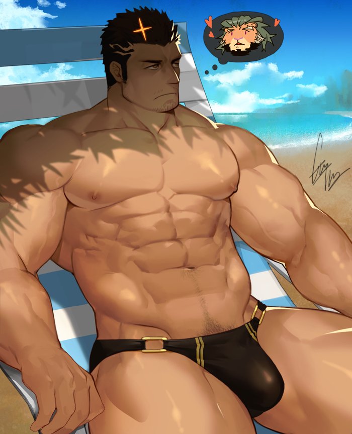 arsalan balls bara black_hair bulge facial_hair gomtang human male male_only muscles muscular outside penis solo solo_male thinking thought_bubble tokyo_afterschool_summoners yellow_eyes zabaniyya_(tokyo_afterschool_summoners)