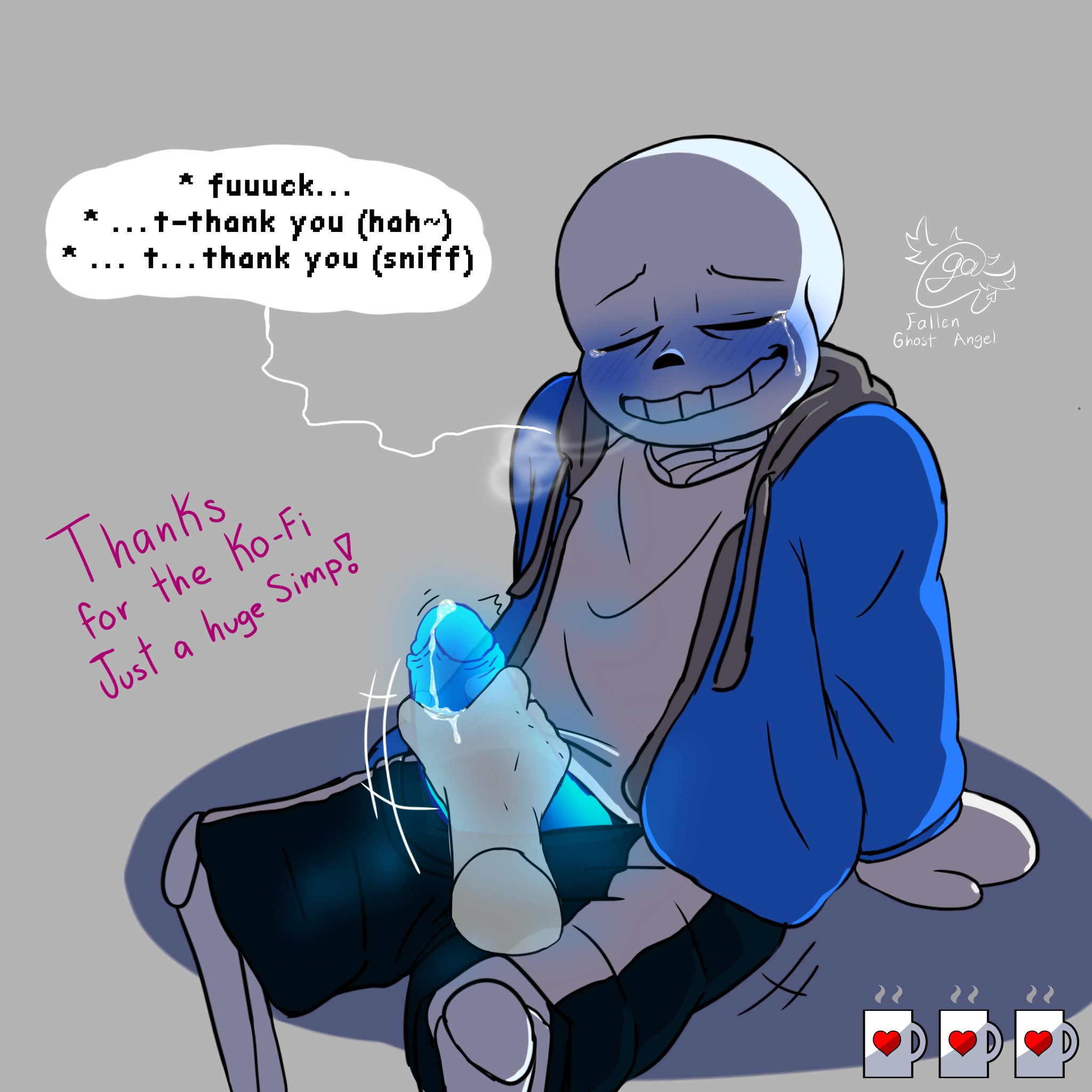 blue blush, blue penis, blush, blushing, bodily fluids, closed eyes, disembodied hand, ectopenis, english text, fallen ghost angel (artist), handjob, jerkingoff, male, male only, penis, sans, sitting, submissive male, tears, text, undertale, undertale (series)