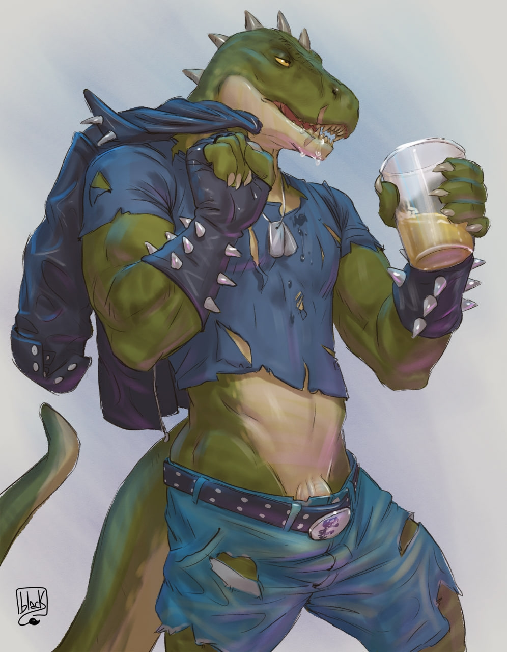 2d alcohol anthro beer belt beverage bottomwear clothing container cup cutoffs denim denim_clothing dinosaur dog_tags drinking fingerless_gloves genitals gloves green_body green_scales handwear hi_res jacket jewelry leather leather_clothing leather_jacket leather_topwear lion21 male muscular muscular_anthro muscular_male necklace penis penis_base punk reptile rocco_(tallion) scales scalie scalie_male scalie_only scar shirt shorts solo solo_male spiked_gloves spikes standing t-shirt tail theropod topwear torn_clothing torn_shirt torn_topwear tyrannosaurid tyrannosaurus tyrannosaurus_rex