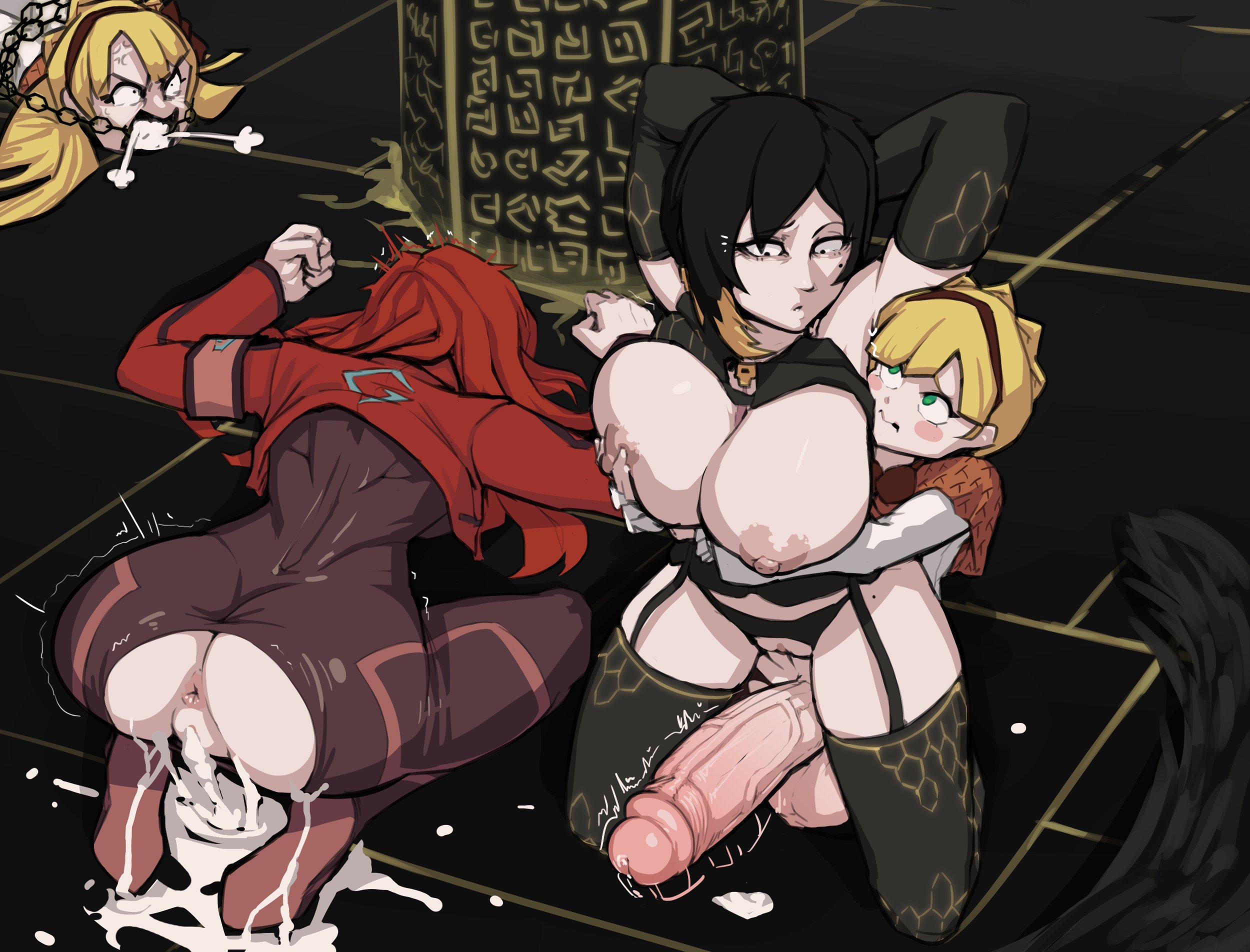 1boy, 3girls, after sex, after vaginal, angry, ass, balls, big ass, binah, blush, boxman, cameltoe, captured, cum, cum in pussy, dubious consent, embarrassed, female, gebura (lobotomy corporation), huge balls, huge cock, lobotomy corporation, male, penis, precum, precum drip, project moon, pussy, red hair, small but hung, tiphereth (lobotomy corporation)