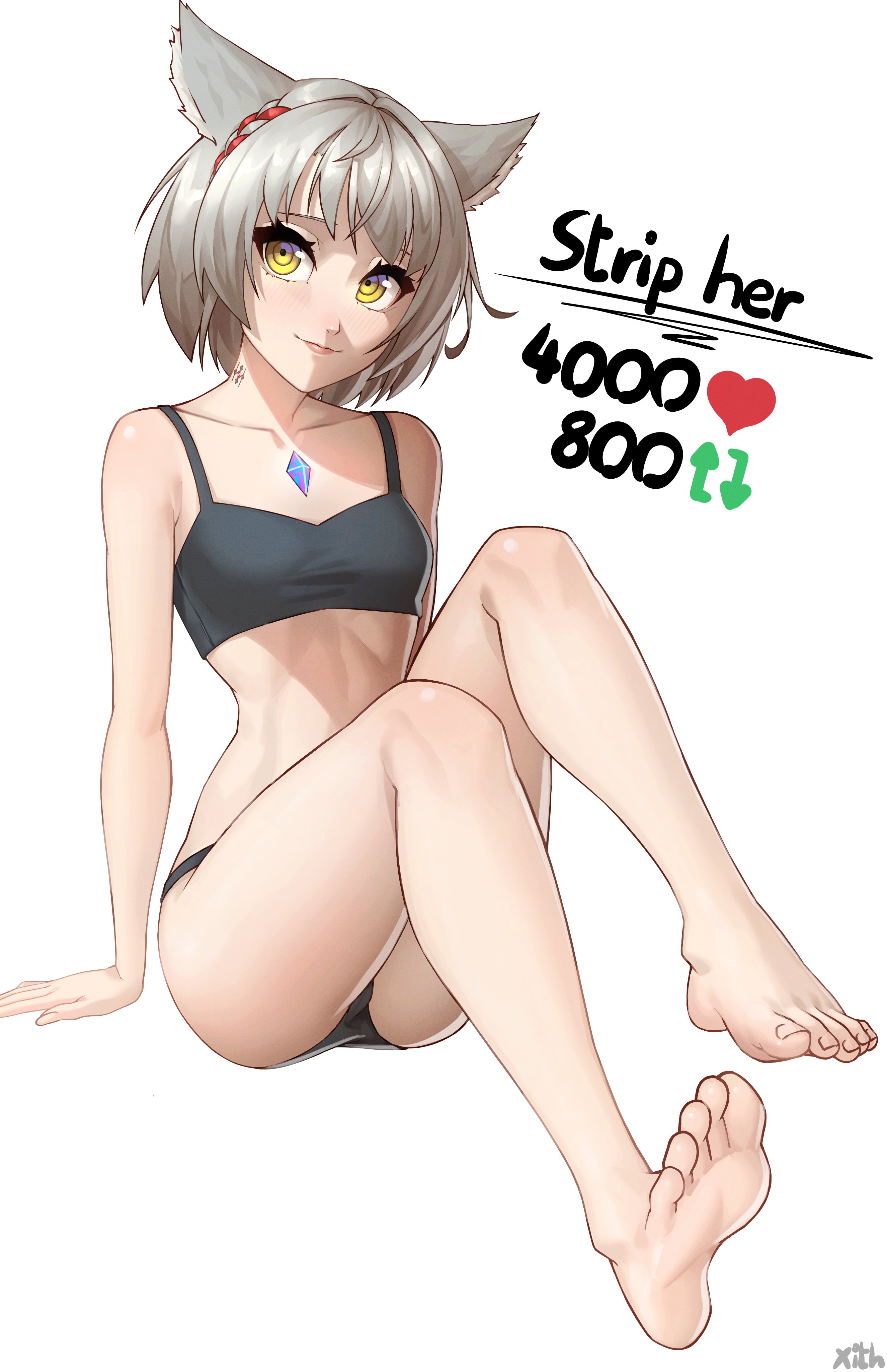 1girls, breasts, cat ears, cat girl, catgirl, core crystal, feet, female, female only, foot fetish, grey hair, meme, mio (xenoblade), nintendo, short hair, small breasts, solo, twitter strip game, undressing, x xith x, xenoblade (series), xenoblade chronicles 3, yellow eyes