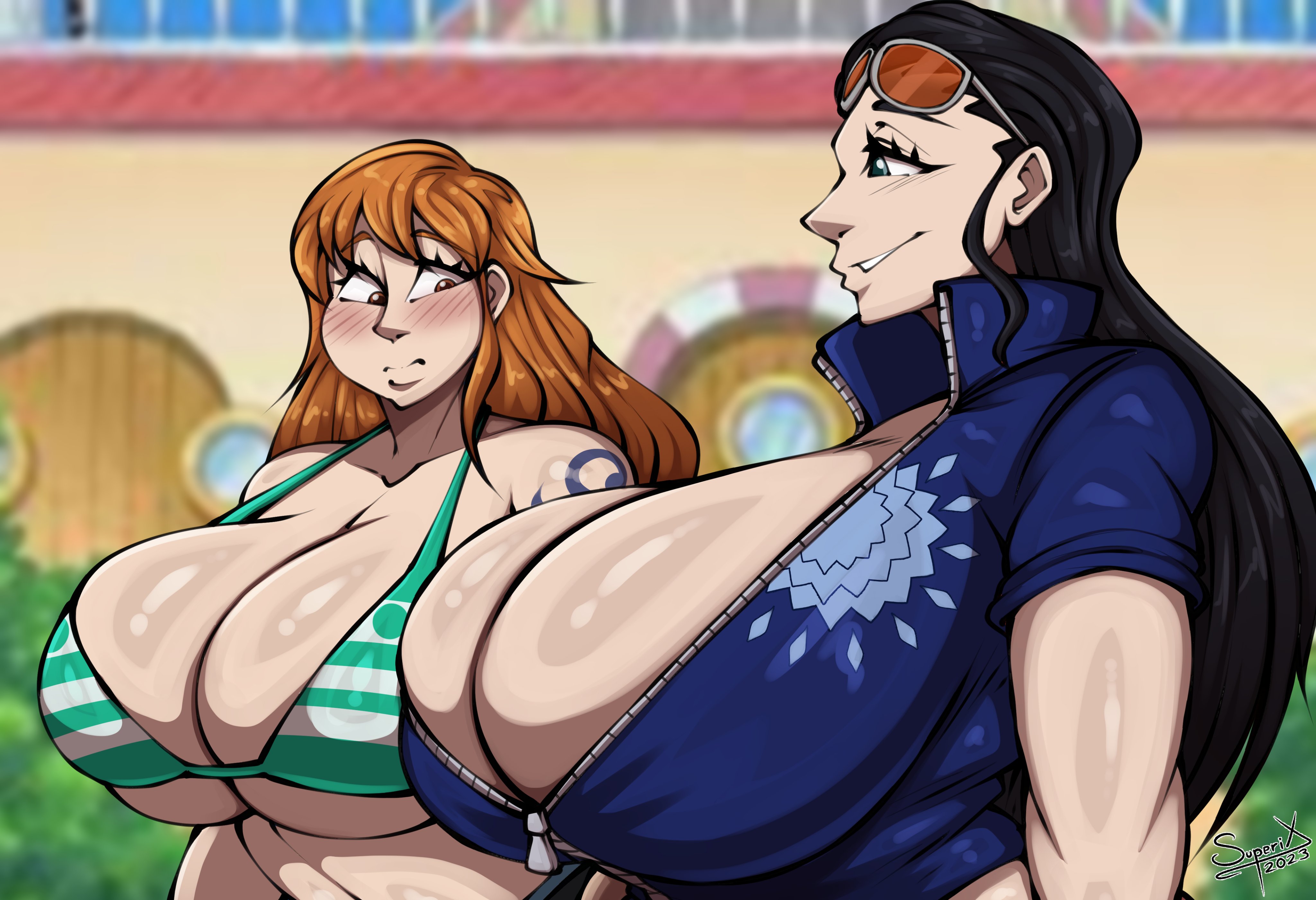 big breasts, blush, blushing, breasts, cleavage, female, female only, huge breasts, nami (one piece), nico robin, one piece, post-timeskip, smile, smirk, smirking, superix, tagme