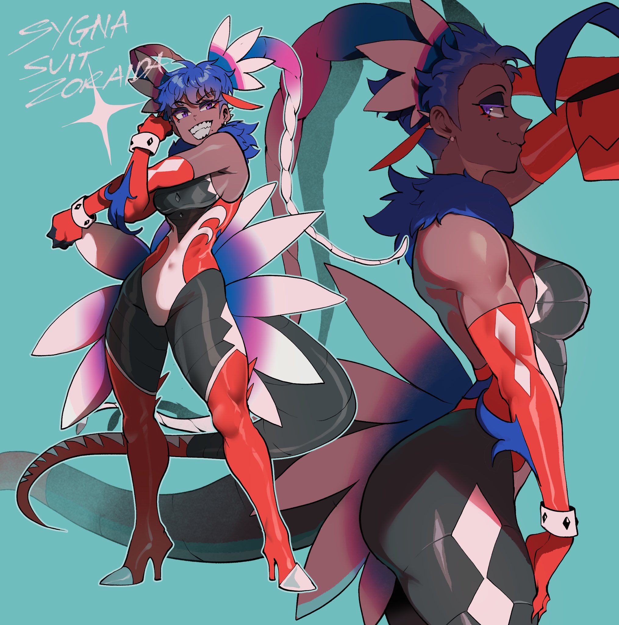 1girls, ass, blue hair, bodysuit, cosplay, dark skin, dark-skinned female, female, female only, hi res, high heels, koraidon, koraidon (cosplay), looking at viewer, narrowed eyes, nintendo, original, original character, pokemon, pokemon (cosplay), pokemon sv, purple eyes, side view, smiling, smiling at viewer, solo, stretching, teeth showing, thiccwithaq, zoraida (nyantcha)
