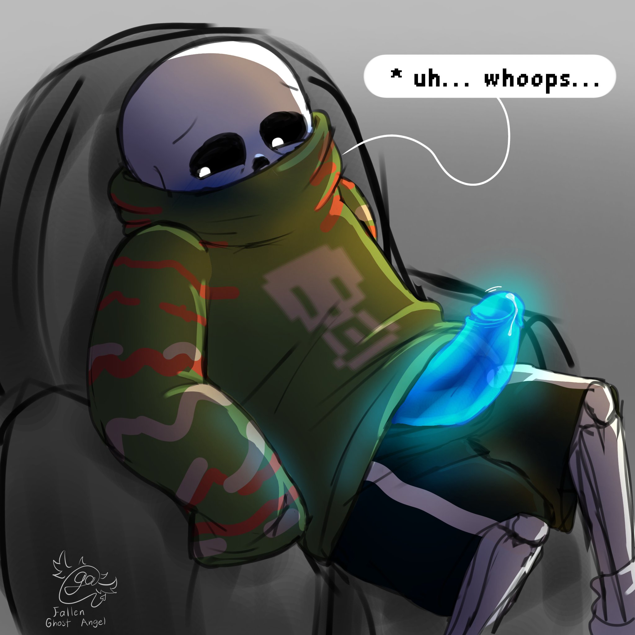 1:1, 1:1 aspect ratio, 1boy, 2020s, 2022, animated skeleton, artist name, artist signature, blue blush, blue penis, blush, blushing, clothed, comic sans, couch, ectopenis, embarrassed, english text, fallen ghost angel (artist), gradient background, grey background, looking away, male, male only, male solo, monster, oversized clothes, oversized sweater, penis, penis out, sans, sans (undertale), simple background, sitting, sitting on couch, sitting on sofa, skeleton, sofa, solo, solo male, sweater, text, text bubble, undead, undertale, undertale (series)