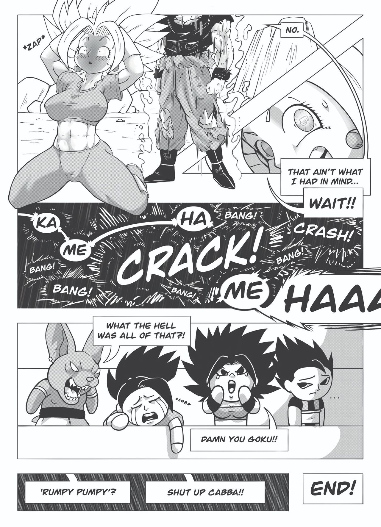 abs, bare midriff, cabba, caulifla, champa, cleavage, comic, dragon ball, dragon ball super, end page, english text, female, female saiyan, fusion, god of destruction, kale, kefla, legendary super saiyan, male, mini comic, monochrome, monster cock, mrmlix, multiple boys, multiple males, muscular, muscular female, muscular male, nipple bulge, penis, saiyan, son goku, super saiyan, super saiyan 2, text, ultra instinct, universe 6 saiyan/universe 7 saiyan, universe 6/universe 7