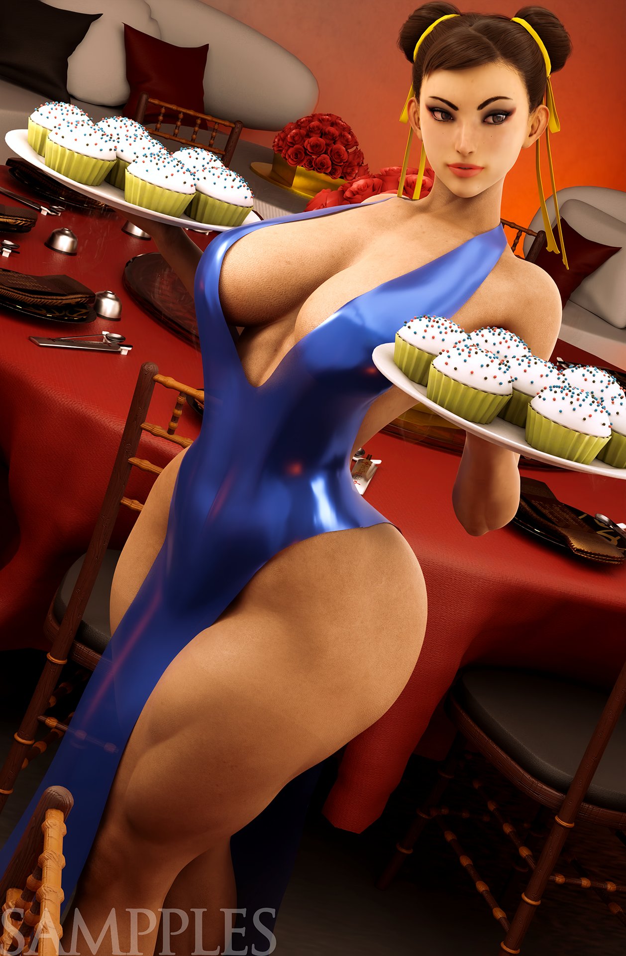 3d, 3d (artwork), alternate version at source, alternate version available, ass, big ass, big breasts, big thighs, breasts, capcom, chun-li, cleavage, cupcake, curvaceous, double bun, dress, female, female only, hair bun, heels, high heels, looking at viewer, mature female, milf, ox horns, sampples, solo, solo female, street fighter, street fighter 6, thick thighs, thighs, voluptuous, waitress, wide hips